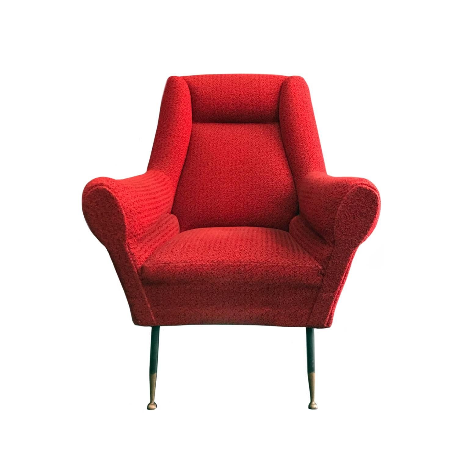 Midcentury Rolled Armchair in Original Red Boucle with Iron Legs In Good Condition In New York, NY