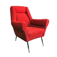 Midcentury Rolled Armchair in Original Red Boucle with Iron Legs