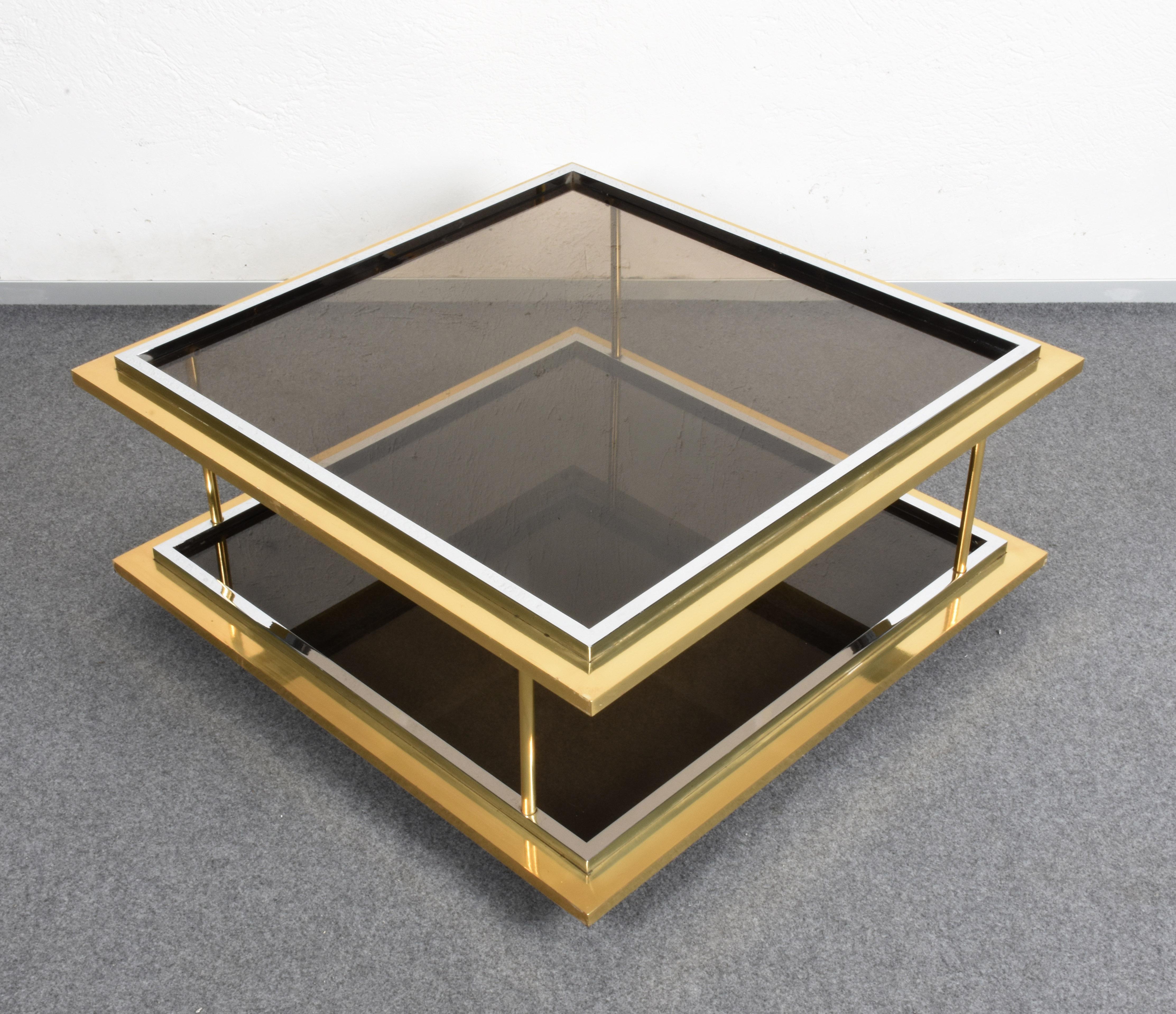 Mid-Century Modern Midcentury Brass, Chrome and Glass Italian Coffee Table After Romeo Rega, 1970 For Sale