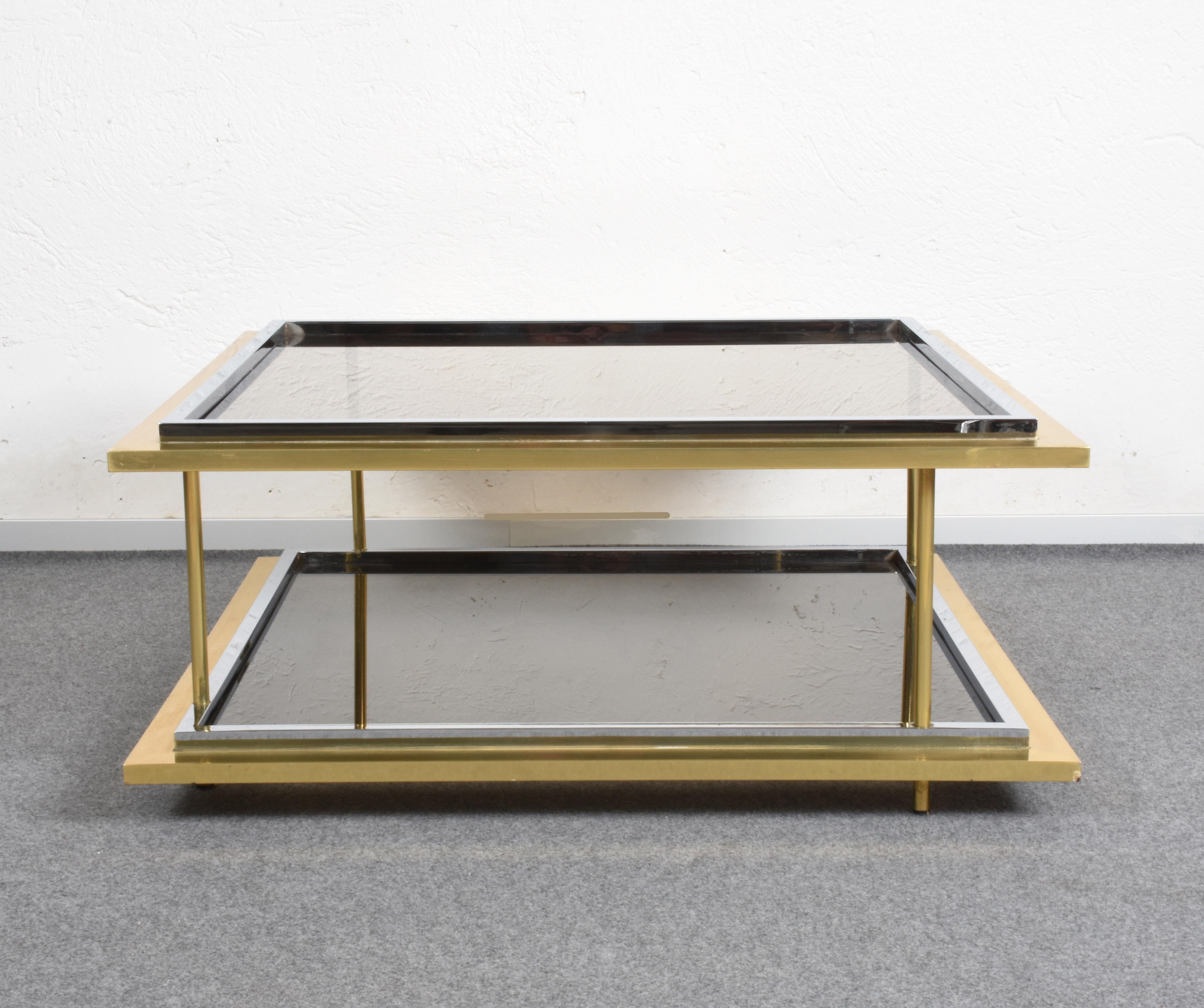 Late 20th Century Midcentury Brass, Chrome and Glass Italian Coffee Table After Romeo Rega, 1970 For Sale