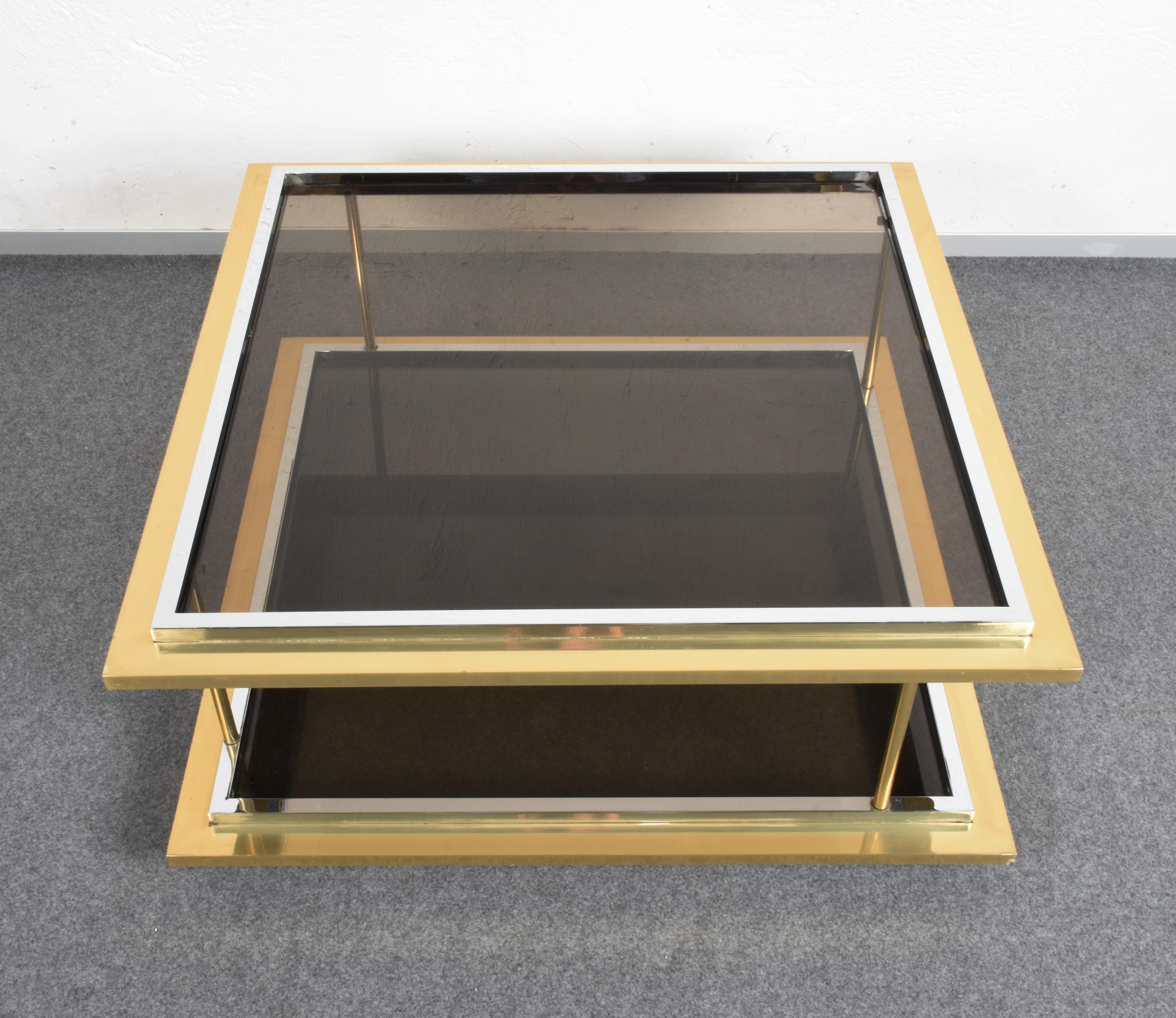 Midcentury Brass, Chrome and Glass Italian Coffee Table After Romeo Rega, 1970 For Sale 1