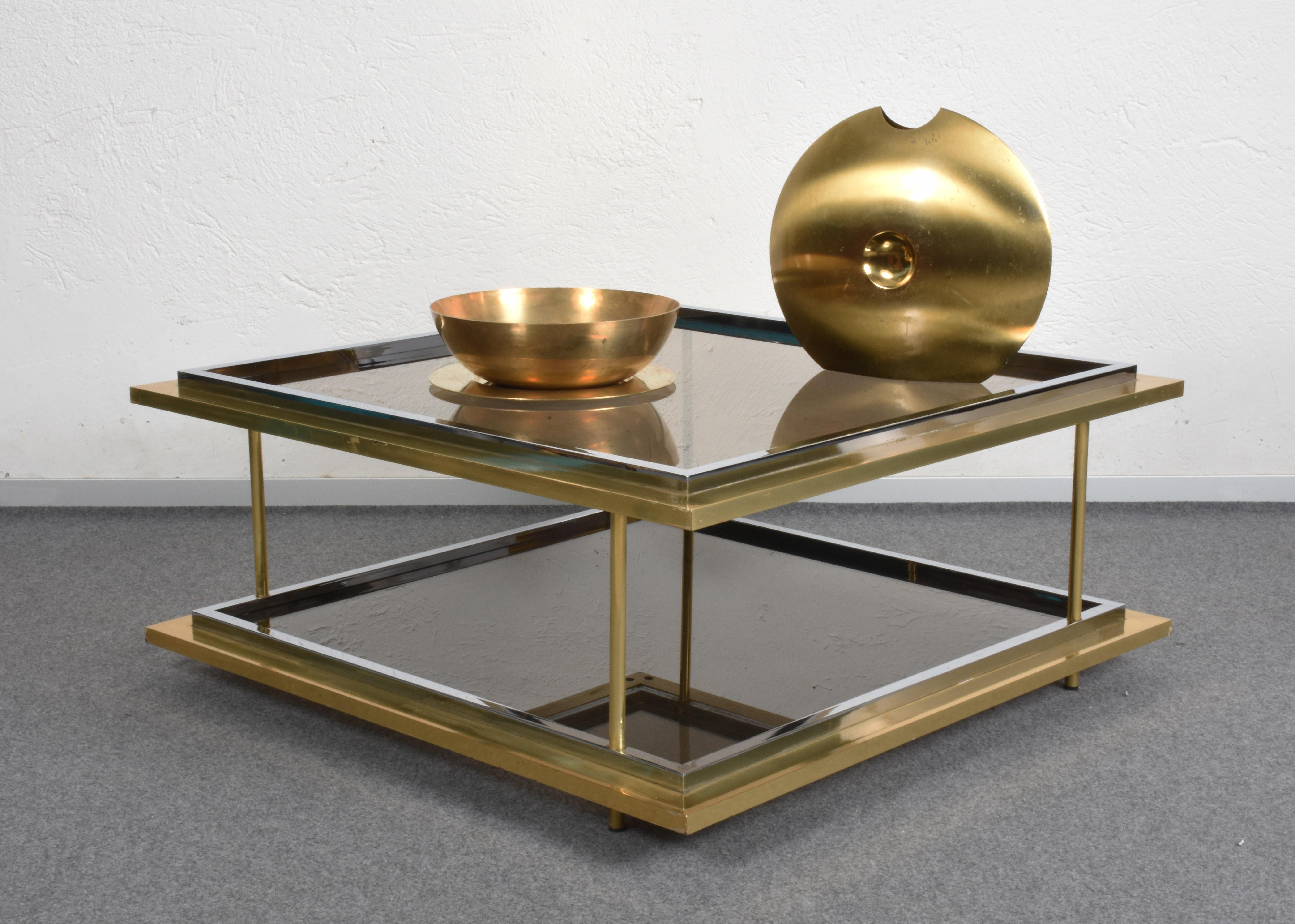 Midcentury Brass, Chrome and Glass Italian Coffee Table After Romeo Rega, 1970 For Sale 2