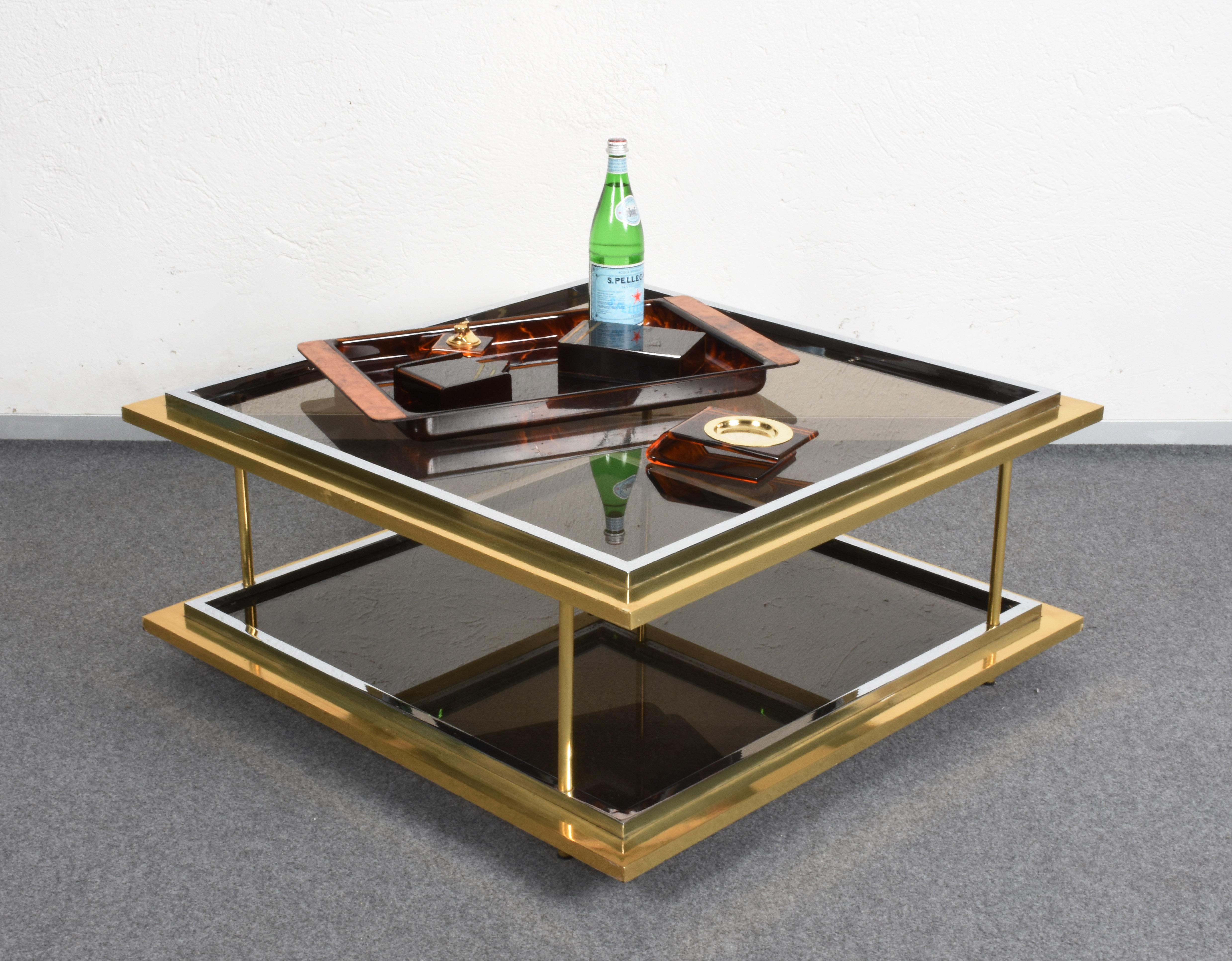 Midcentury Brass, Chrome and Glass Italian Coffee Table After Romeo Rega, 1970 For Sale 3