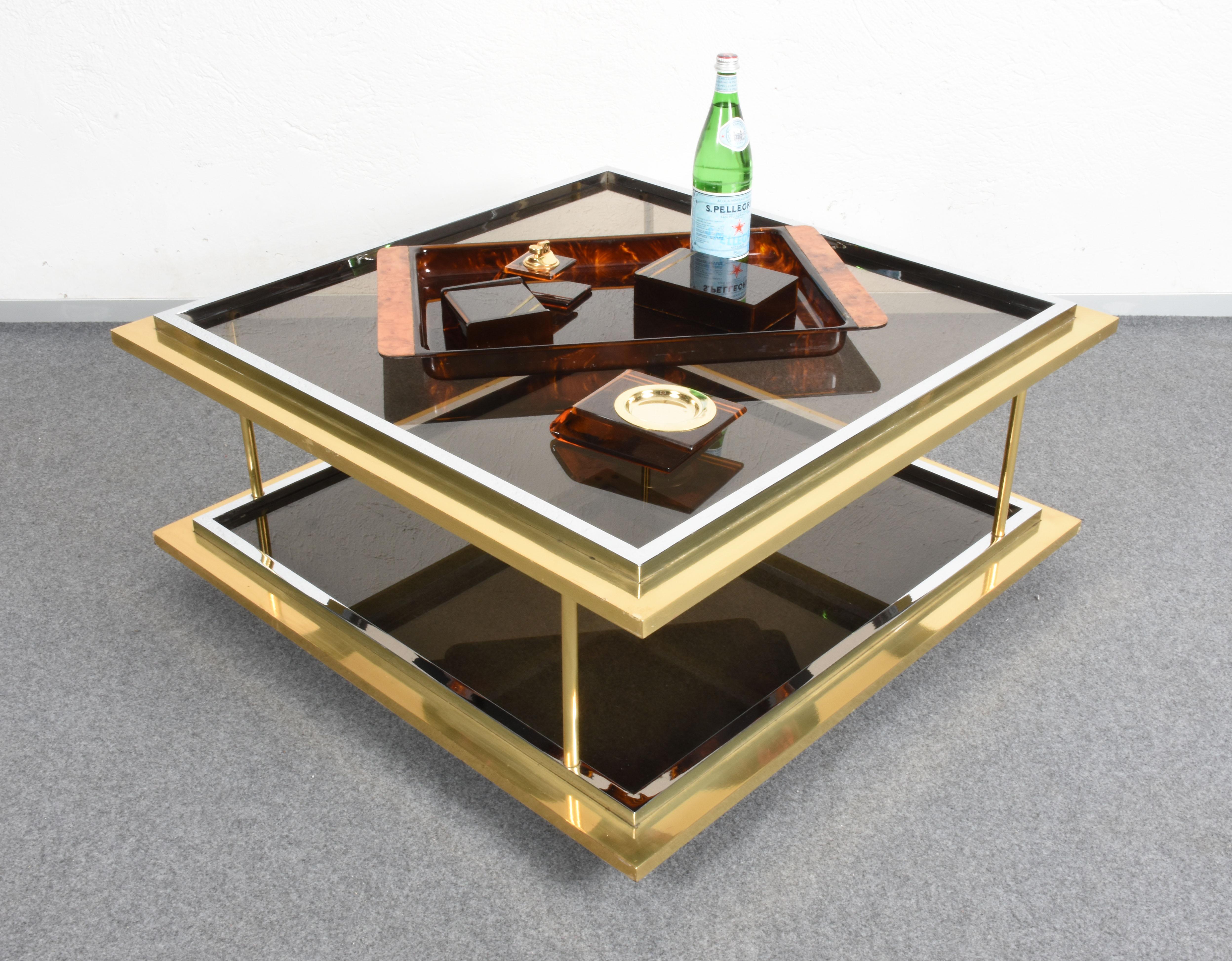 Midcentury Brass, Chrome and Glass Italian Coffee Table After Romeo Rega, 1970 For Sale 4