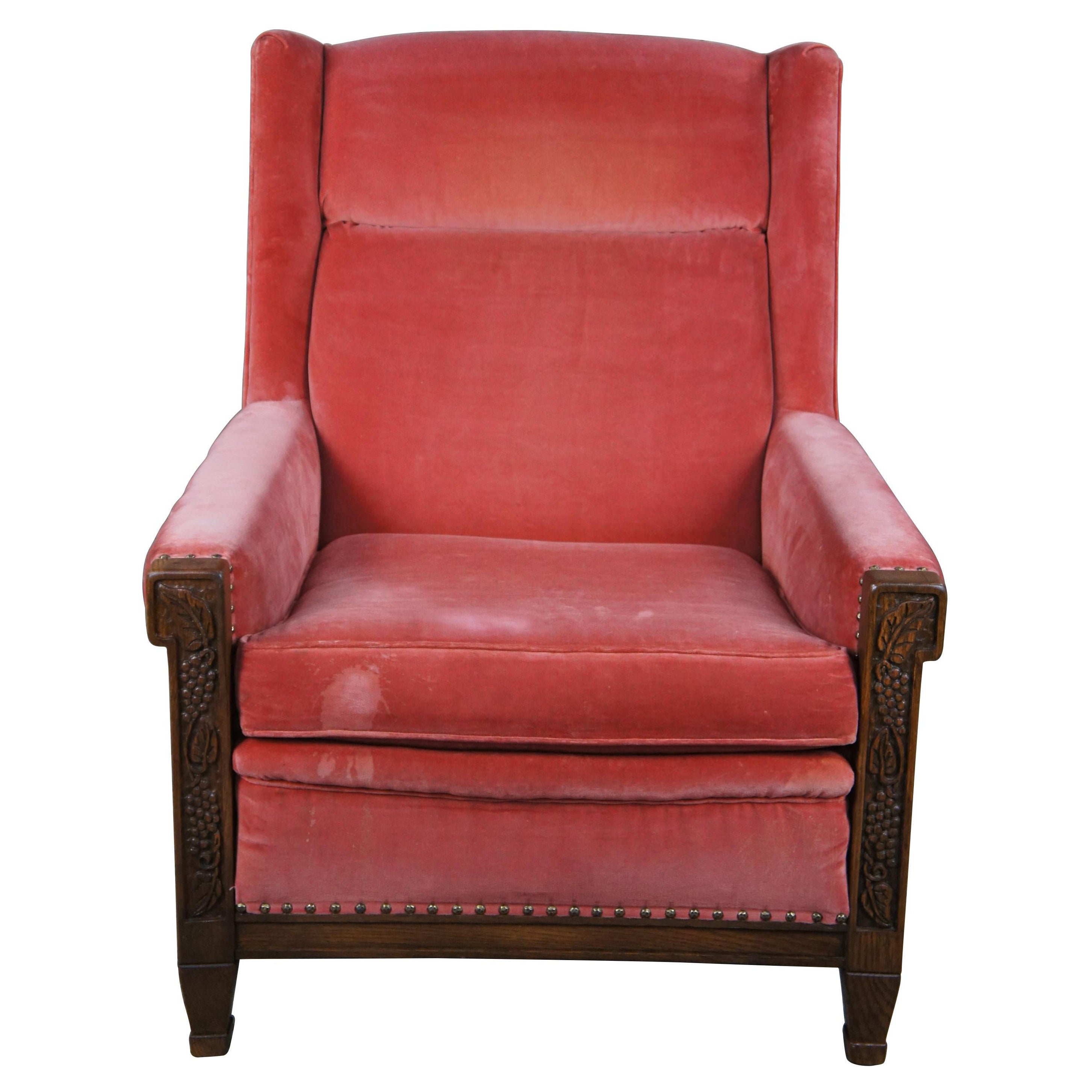 Midcentury Romweber Viking Oak Red Upholstered Library Club Lounge armchair