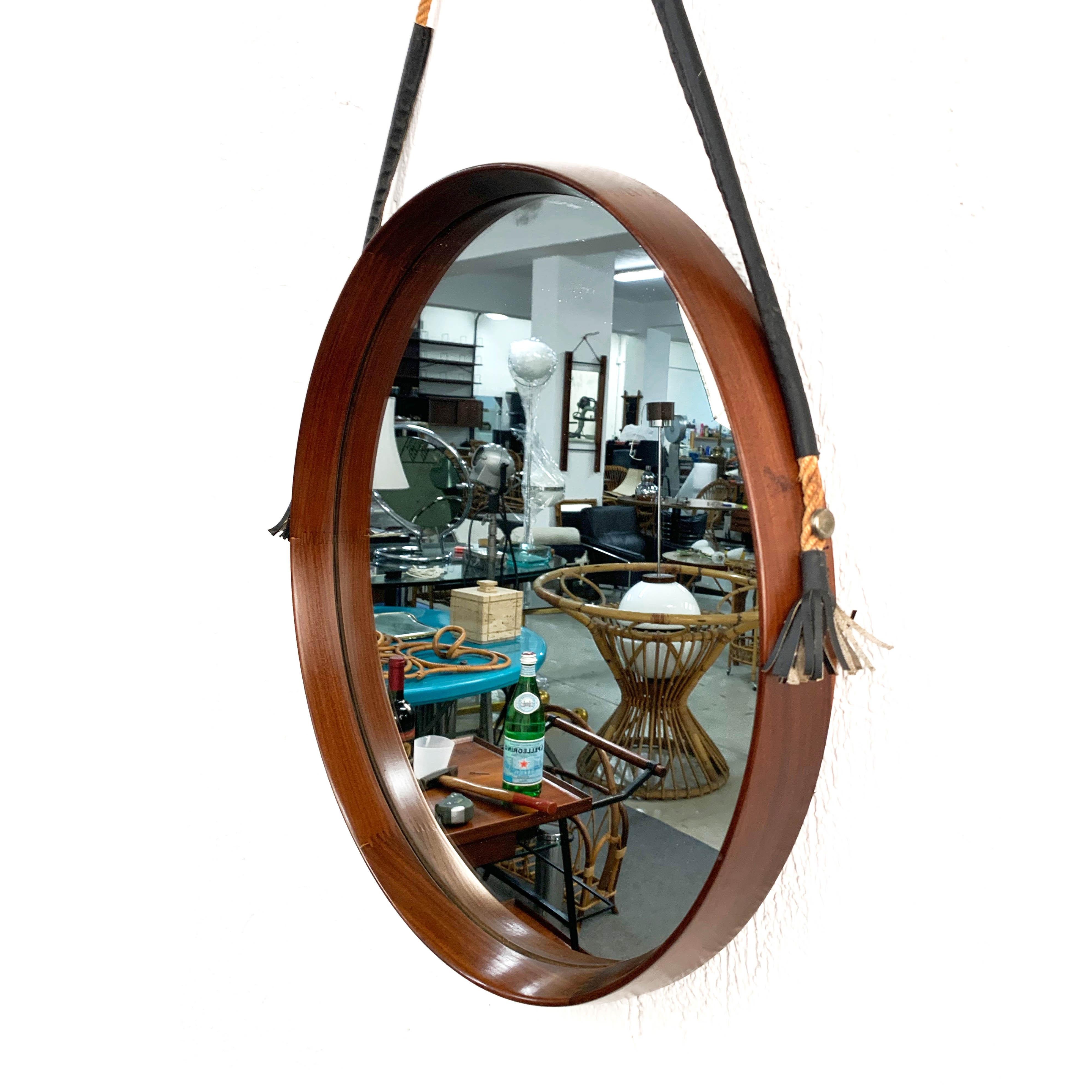 Mid-Century Modern Midcentury Rope and Leather Round Teak Framed Italian Wall Mirror, 1960s