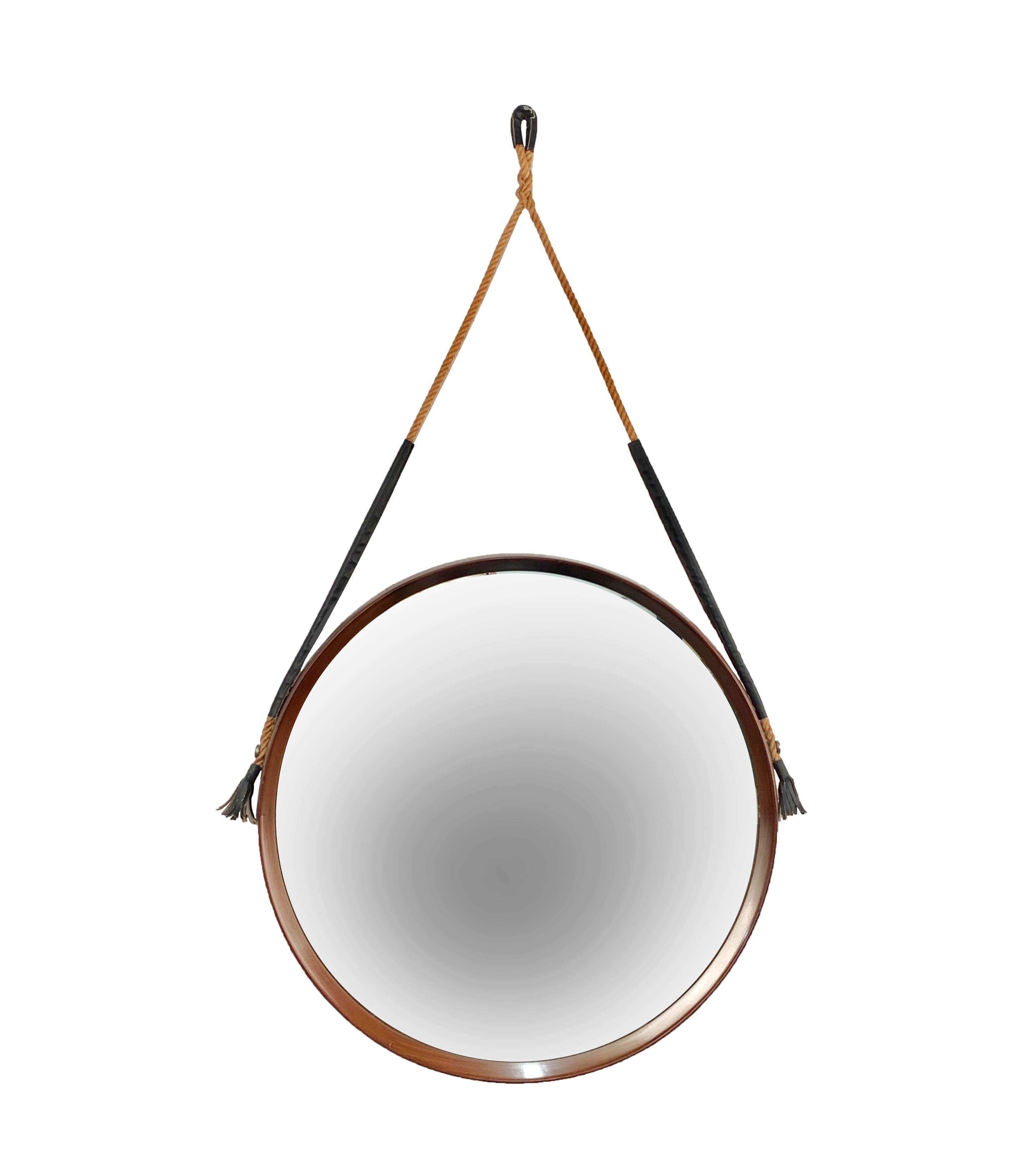 Midcentury Rope and Leather Round Teak Framed Italian Wall Mirror, 1960s In Good Condition In Roma, IT