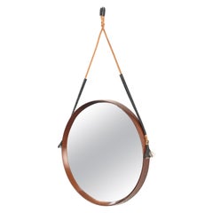 Midcentury Rope and Leather Round Teak Framed Italian Wall Mirror, 1960s