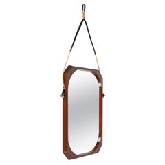 Specchio da parete italiano con cornice in corda e pelle di teak del Medioevo, anni '60