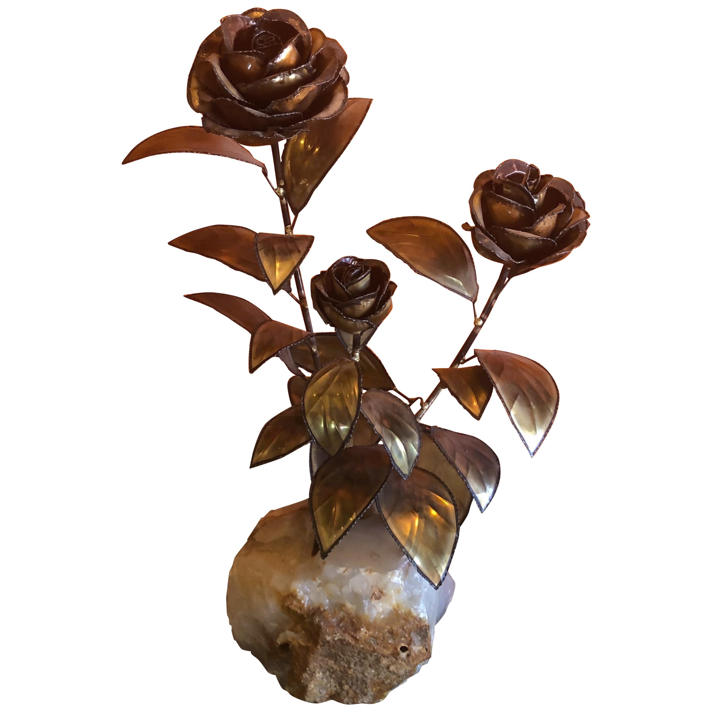 Midcentury Rose Floral Sculpture on Quartz Base in the Style of C. Jere
