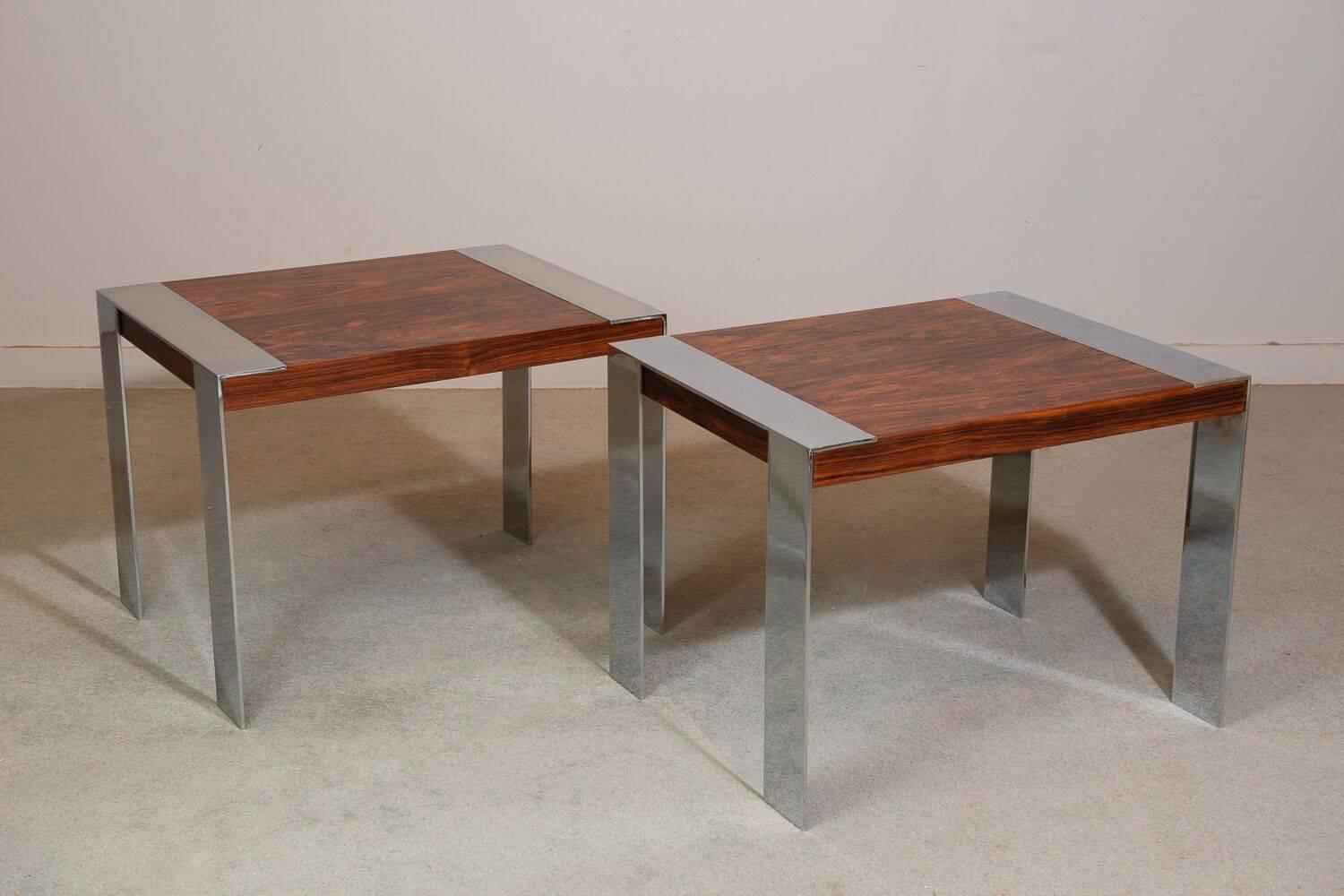 Midcentury rosewood and chrome side tables by Milo Baughman.