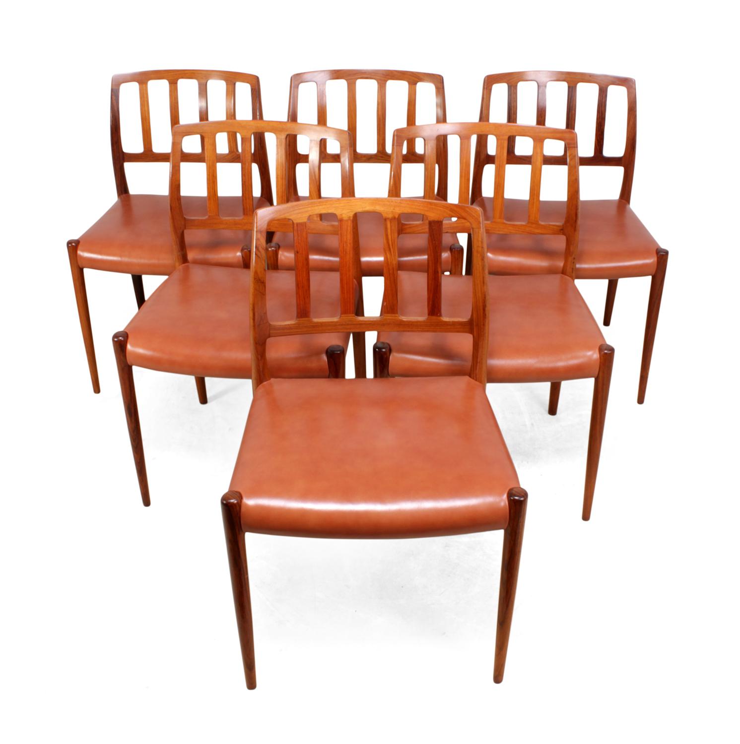 Midcentury rosewood dining chairs by Moller model 83
This set of six model 83 dining chairs was designed by Niels O. Møller in Denmark, in 1974. they are in santos rosewood with new brown leather upholstery

the chairs are in excellent condition