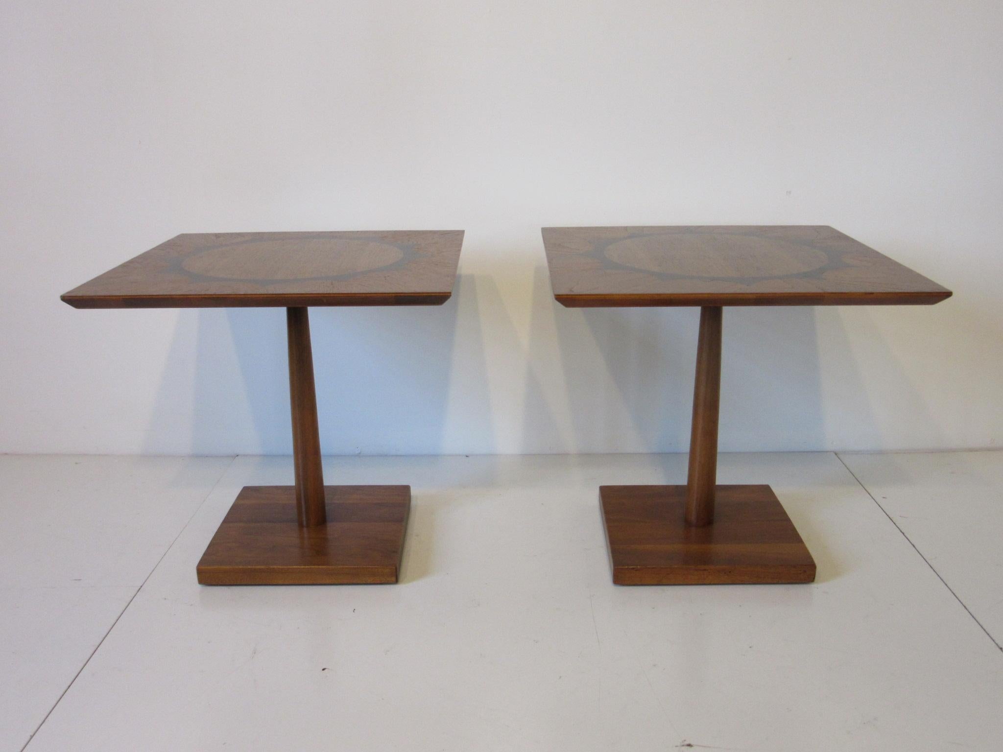American Midcentury Rosewood / Mahogany and Walnut Pedestal End Tables