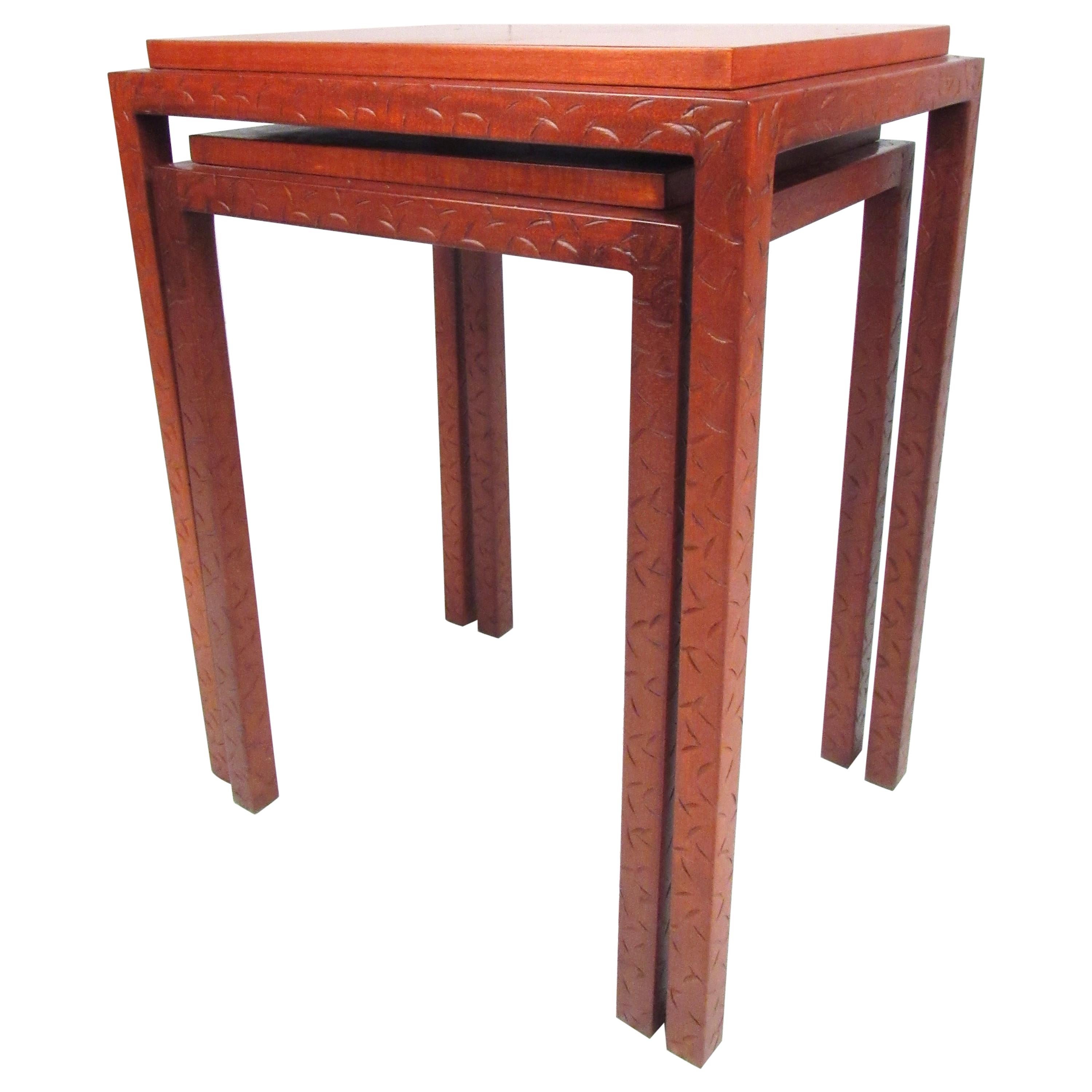 This quaint set of nesting tables features beautiful rosewood. Perfect for any living room or home office this set will add a subtle charm to your room without overpowering any other aspects. Sturdy construction will ensure this piece for years to