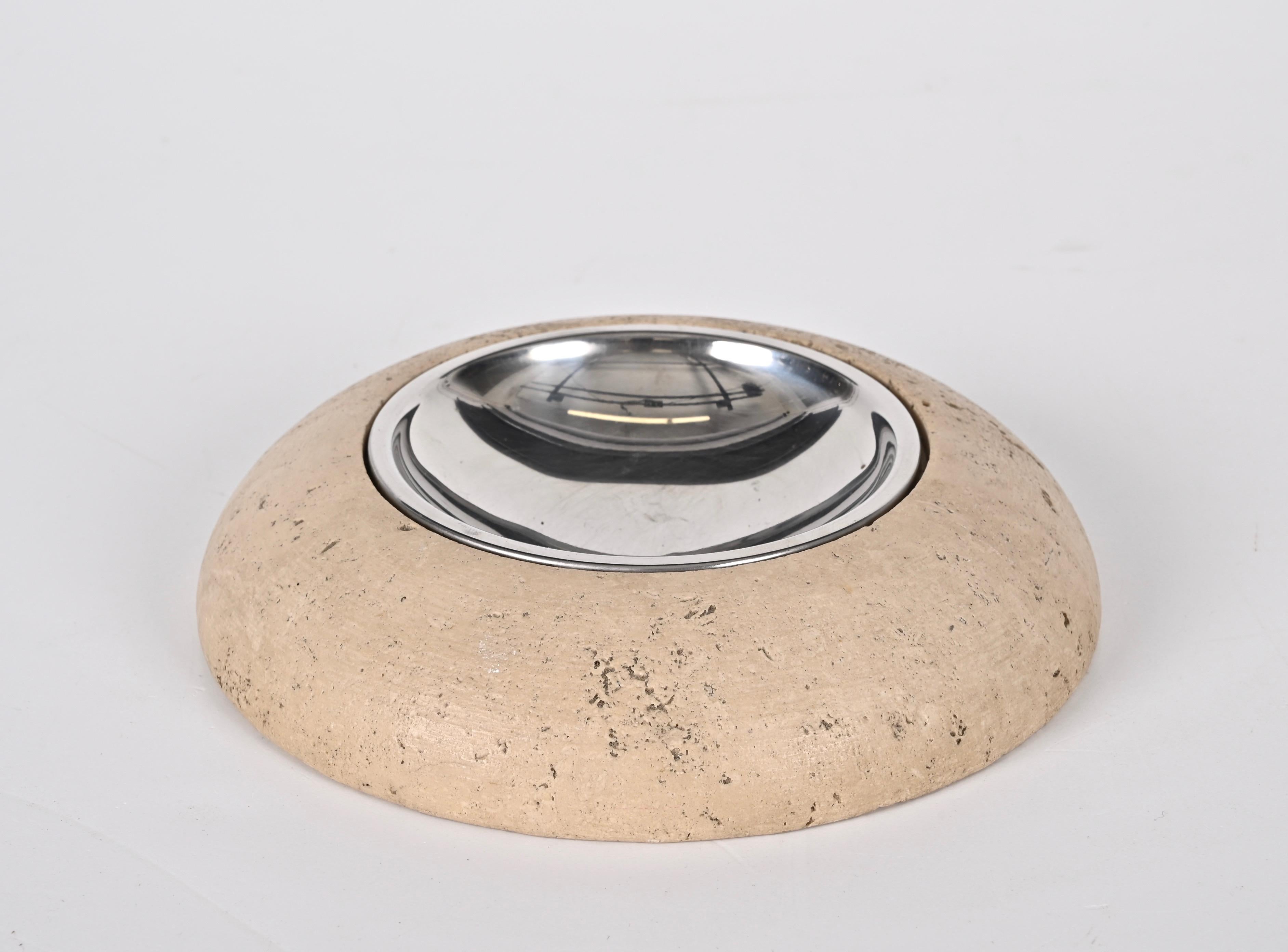 Midcentury Round Ashtray White Travertine Marble and Steel, Mannelli Italy 1970s For Sale 5