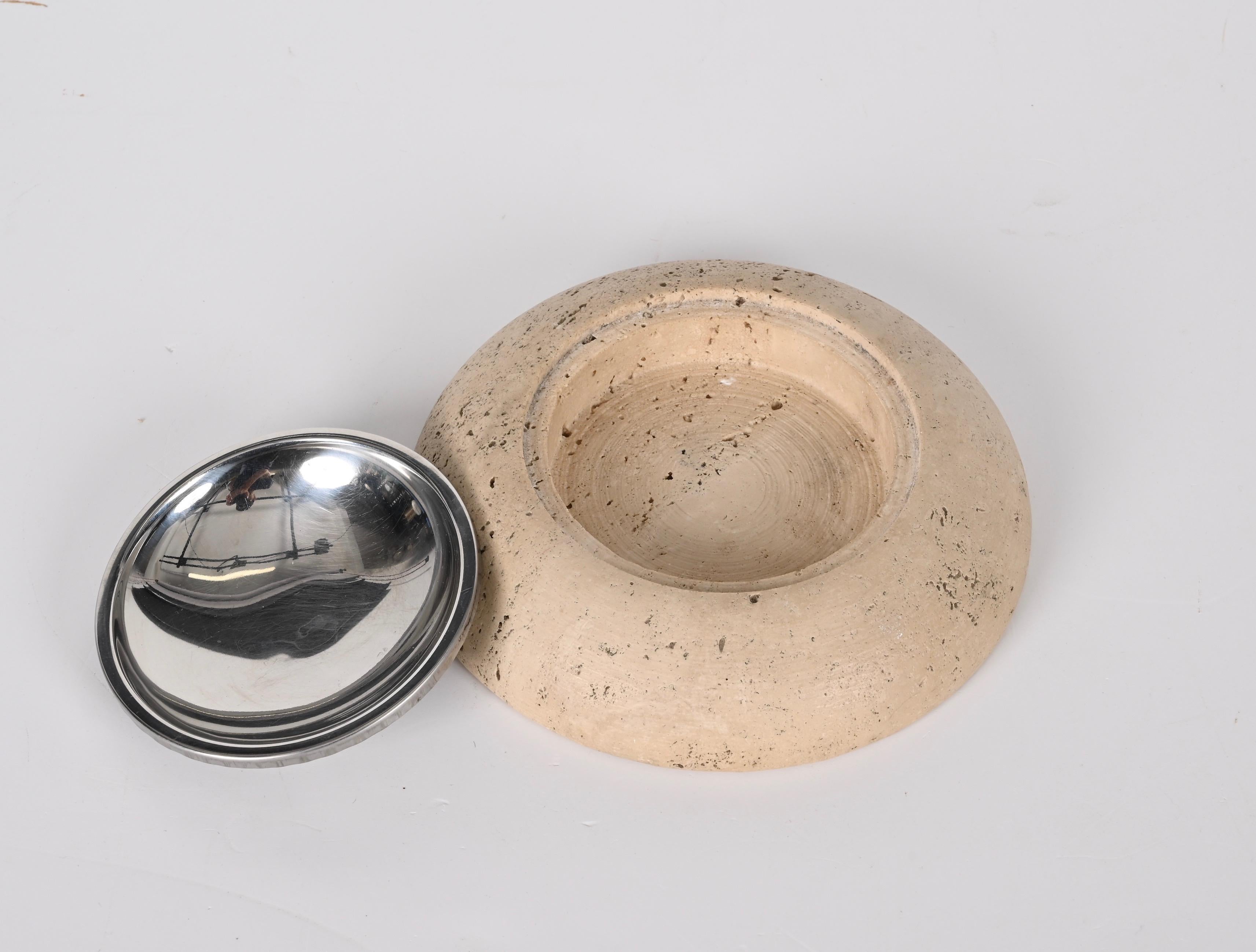 Midcentury Round Ashtray White Travertine Marble and Steel, Mannelli Italy 1970s For Sale 6