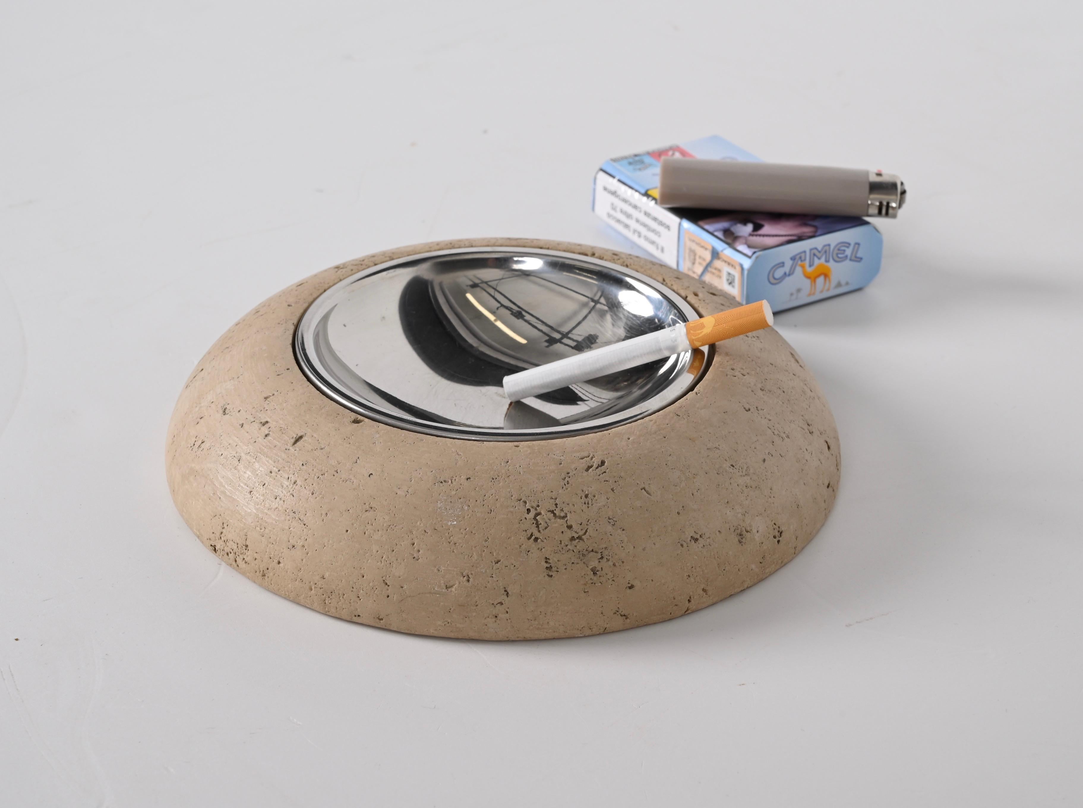 Midcentury Round Ashtray White Travertine Marble and Steel, Mannelli Italy 1970s For Sale 8