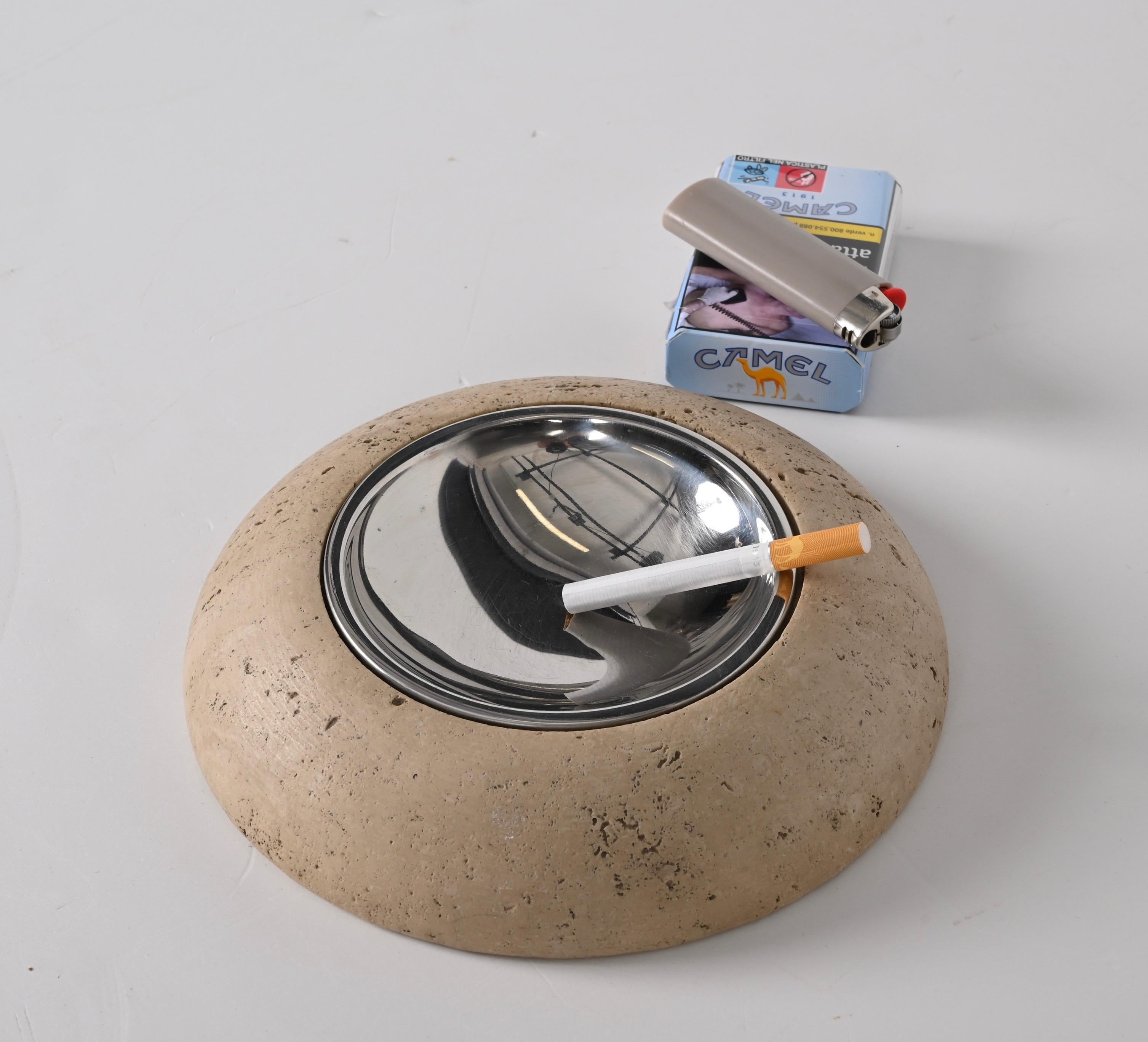 Midcentury Round Ashtray White Travertine Marble and Steel, Mannelli Italy 1970s For Sale 9