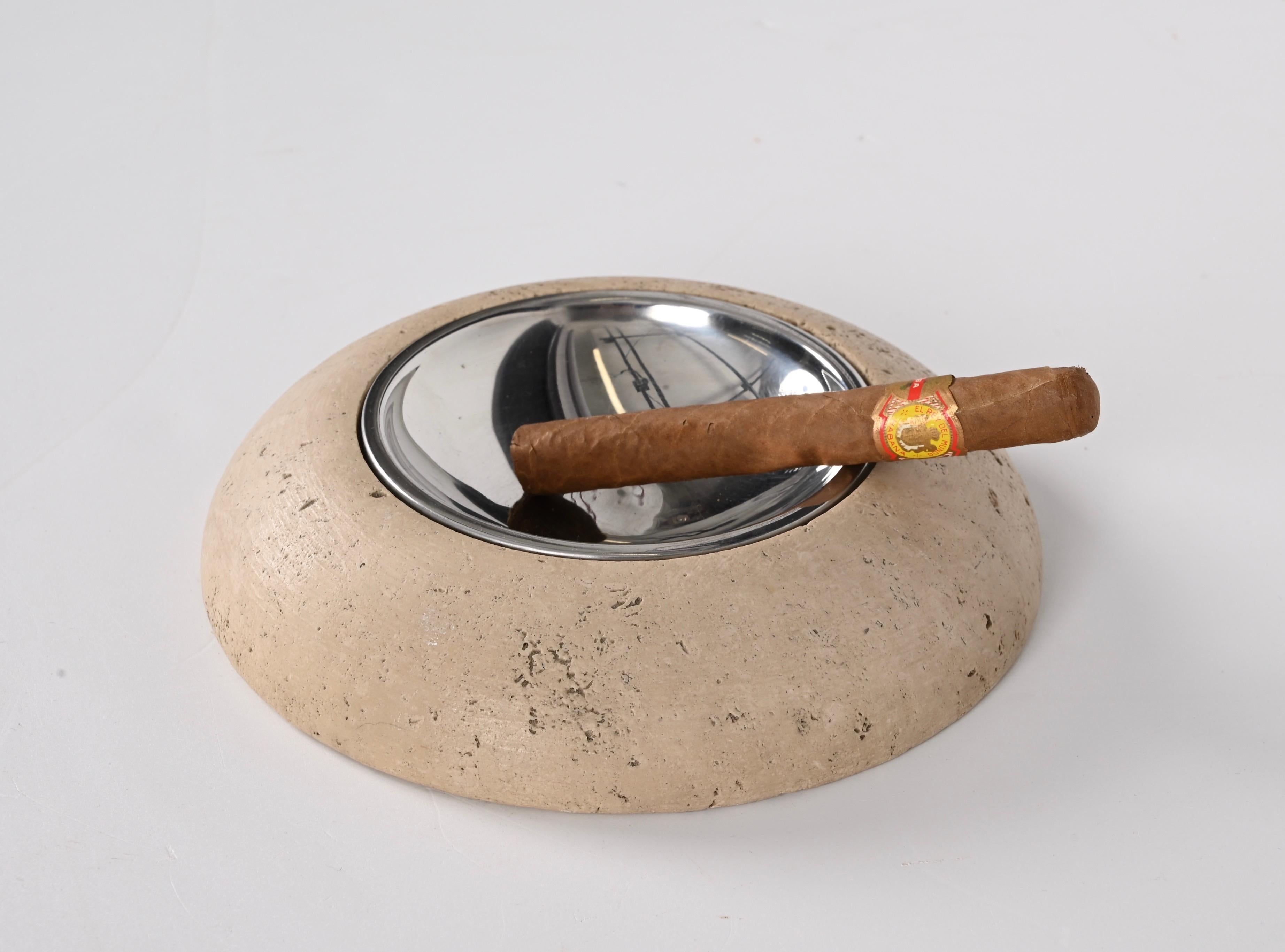 Midcentury Round Ashtray White Travertine Marble and Steel, Mannelli Italy 1970s For Sale 10