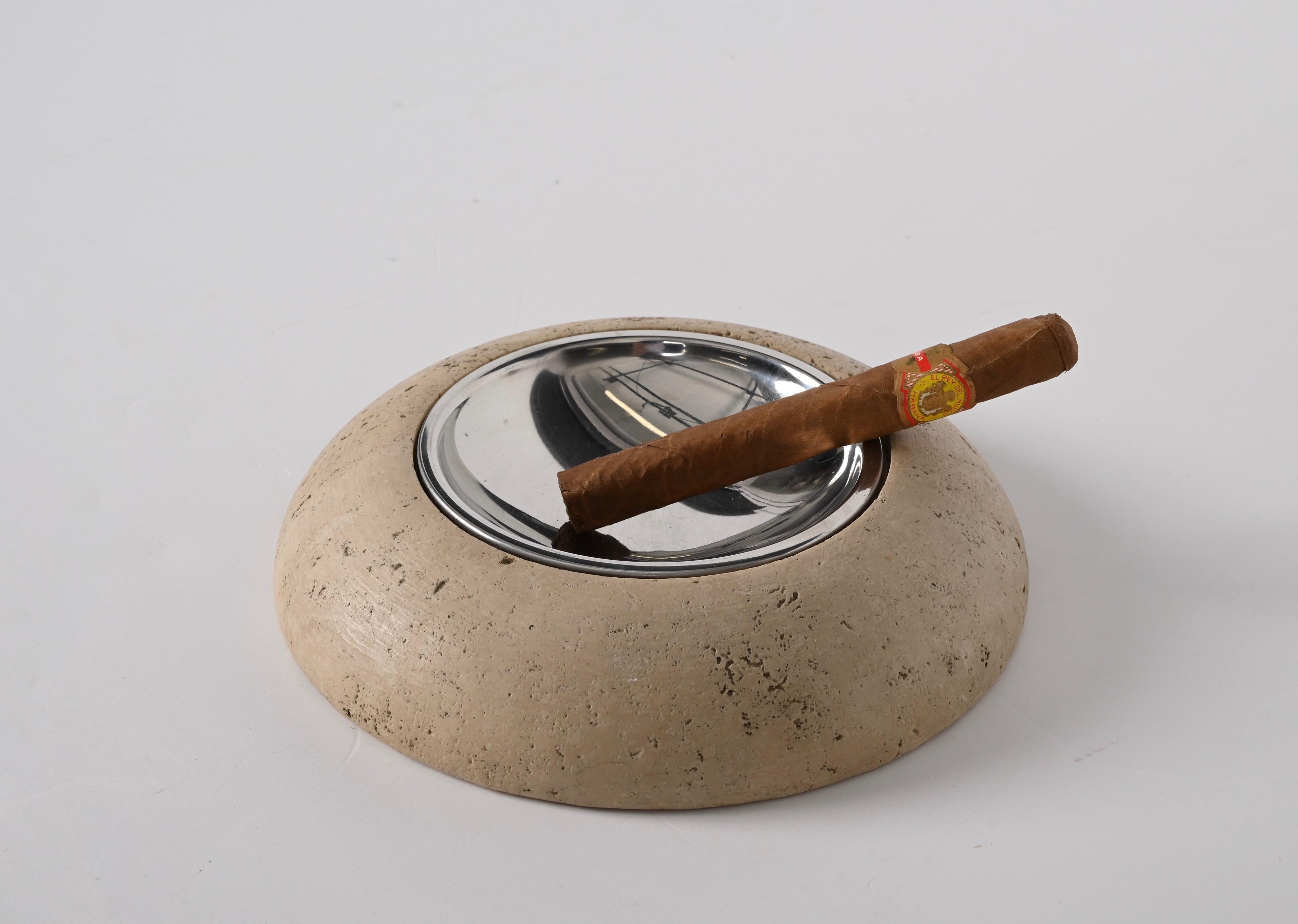Midcentury Round Ashtray White Travertine Marble and Steel, Mannelli Italy 1970s For Sale 11
