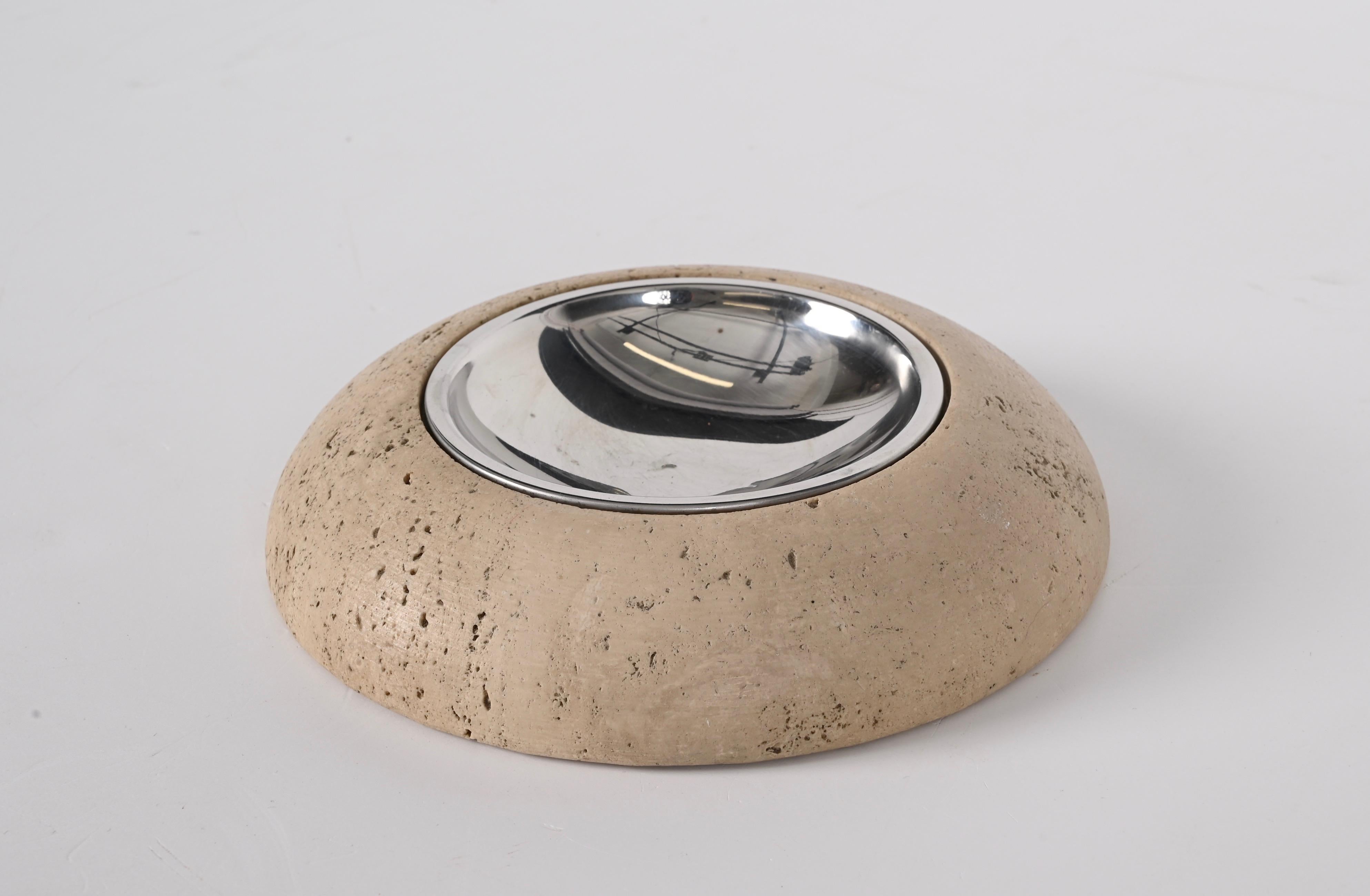 Mid-Century Modern Midcentury Round Ashtray White Travertine Marble and Steel, Mannelli Italy 1970s For Sale