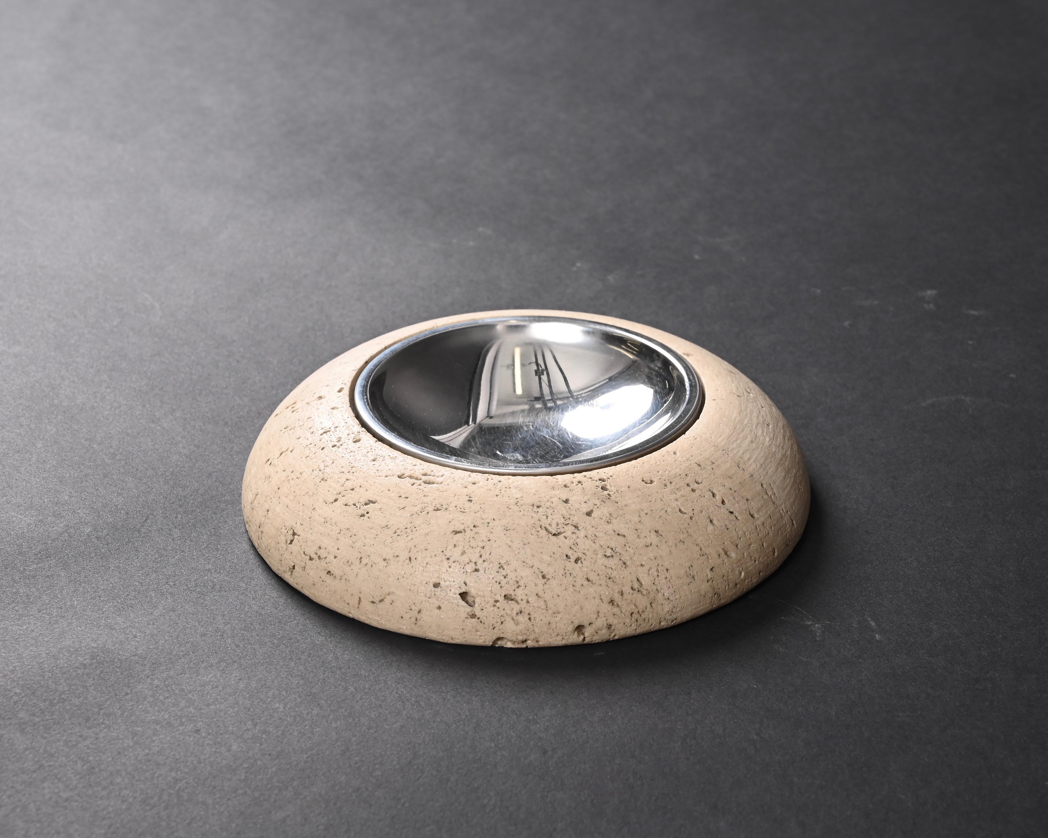 Italian Midcentury Round Ashtray White Travertine Marble and Steel, Mannelli Italy 1970s For Sale