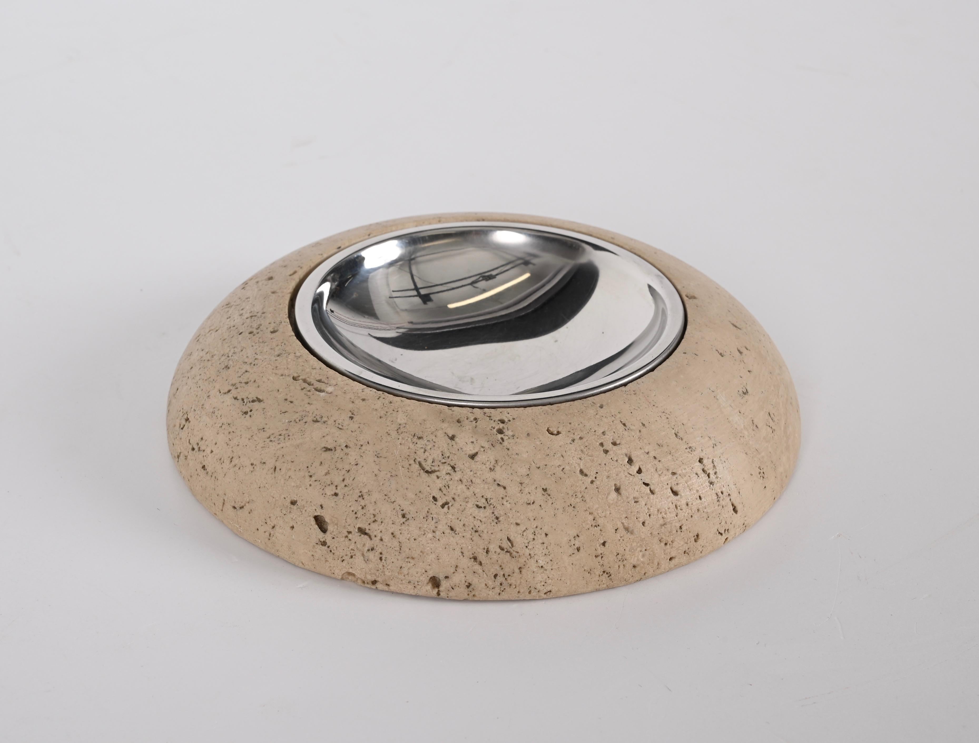 Midcentury Round Ashtray White Travertine Marble and Steel, Mannelli Italy 1970s In Good Condition For Sale In Roma, IT