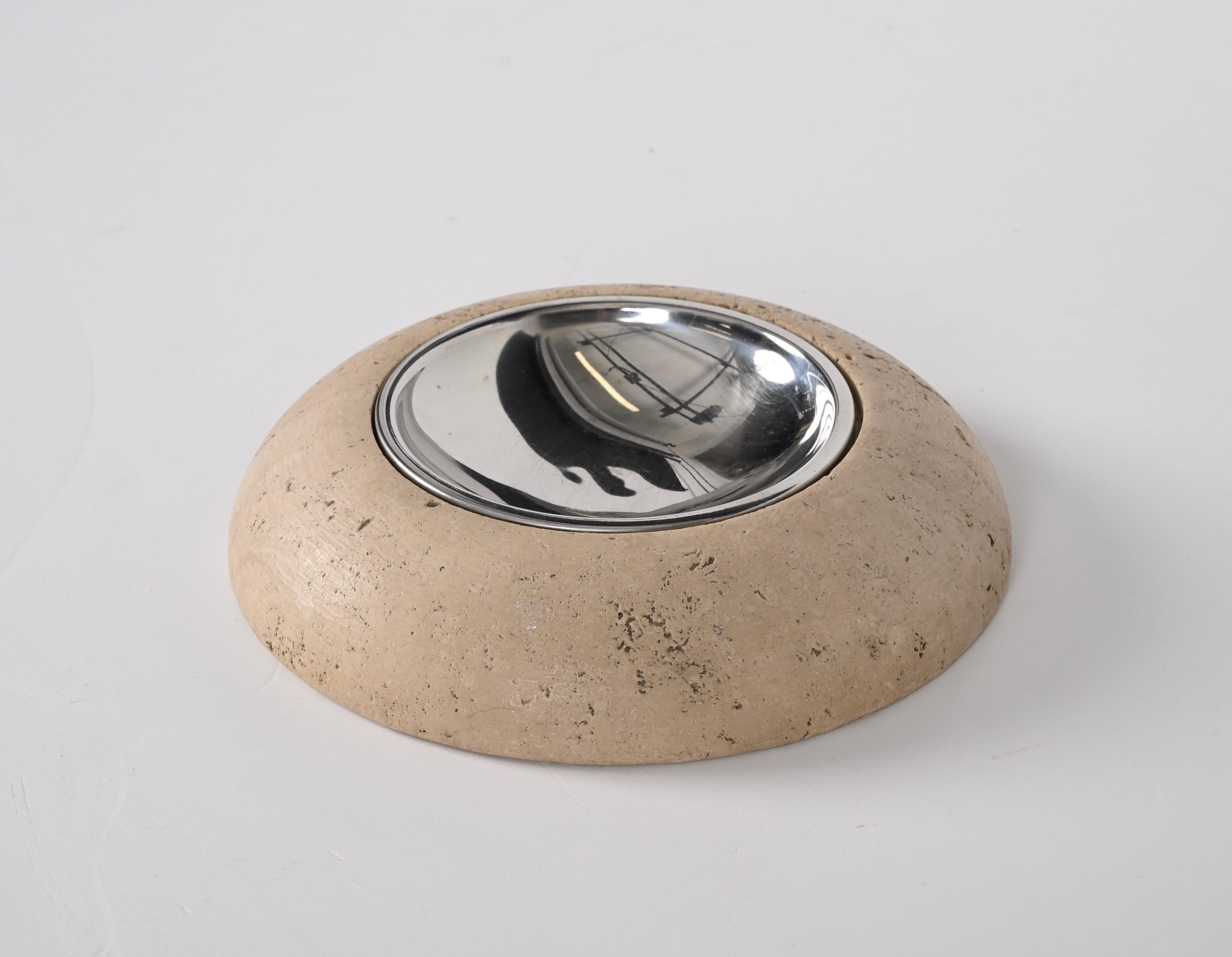 20th Century Midcentury Round Ashtray White Travertine Marble and Steel, Mannelli Italy 1970s For Sale