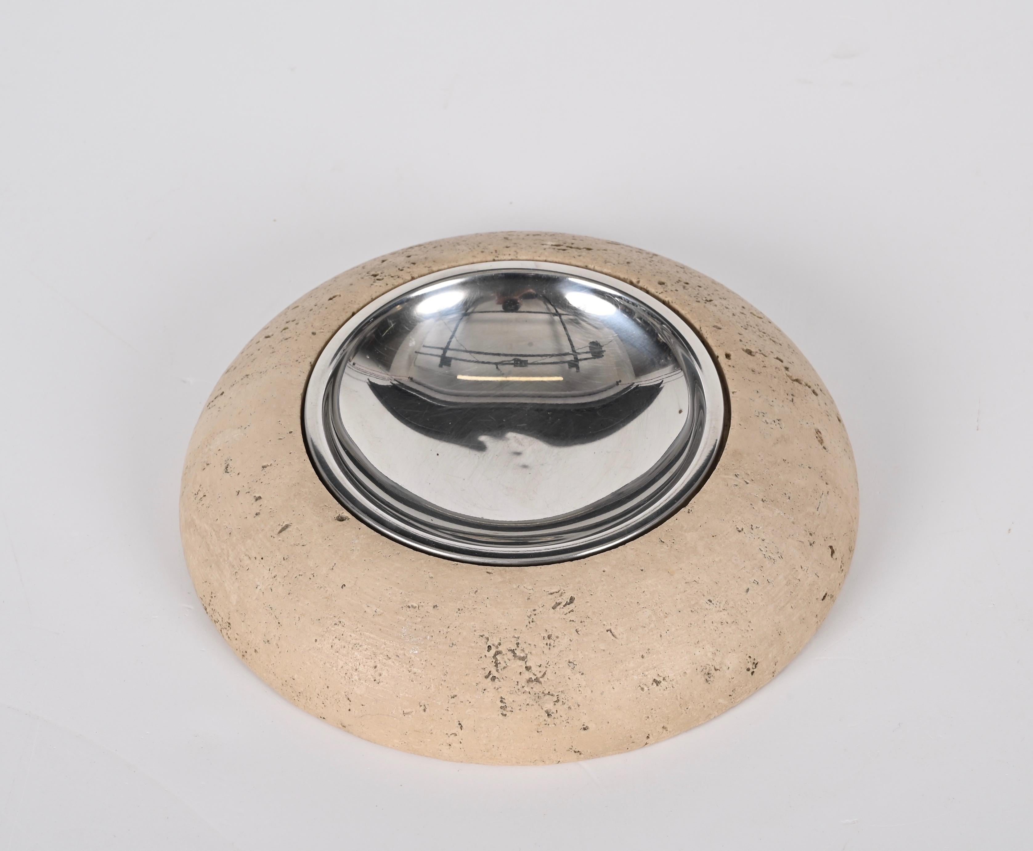 Midcentury Round Ashtray White Travertine Marble and Steel, Mannelli Italy 1970s For Sale 2