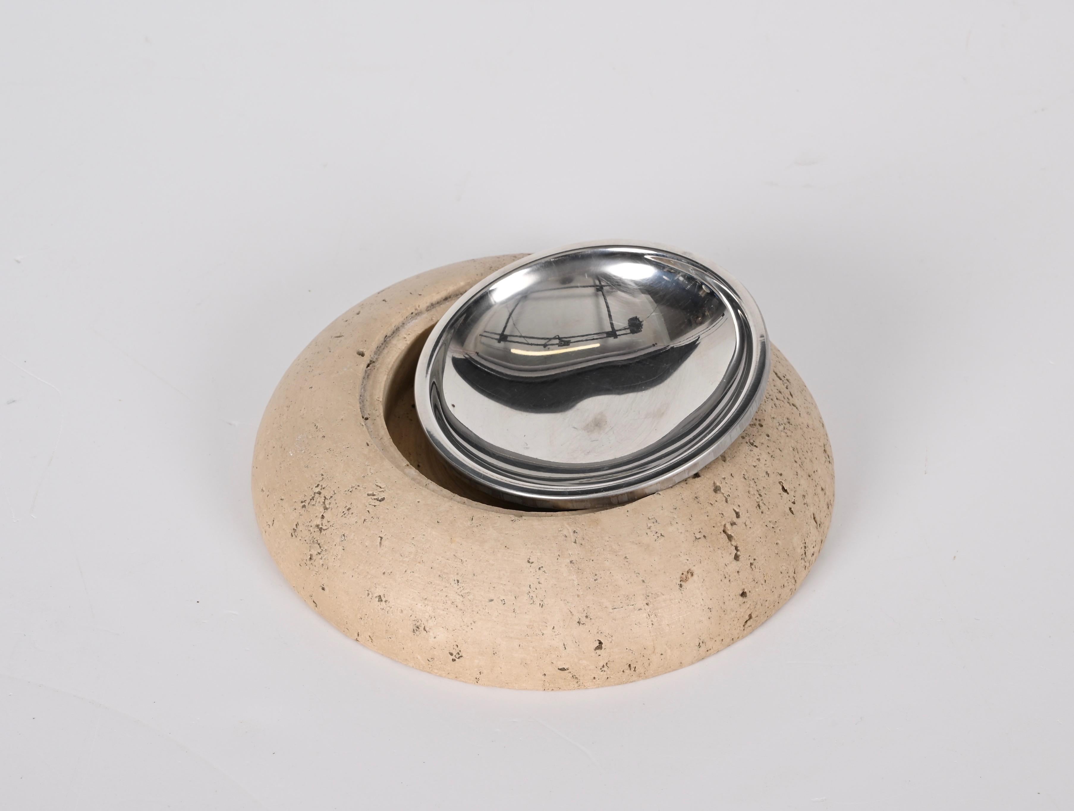Midcentury Round Ashtray White Travertine Marble and Steel, Mannelli Italy 1970s For Sale 3