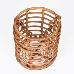 Midcentury Round Bamboo and Rattan Italian Magazine Rack, 1960s
