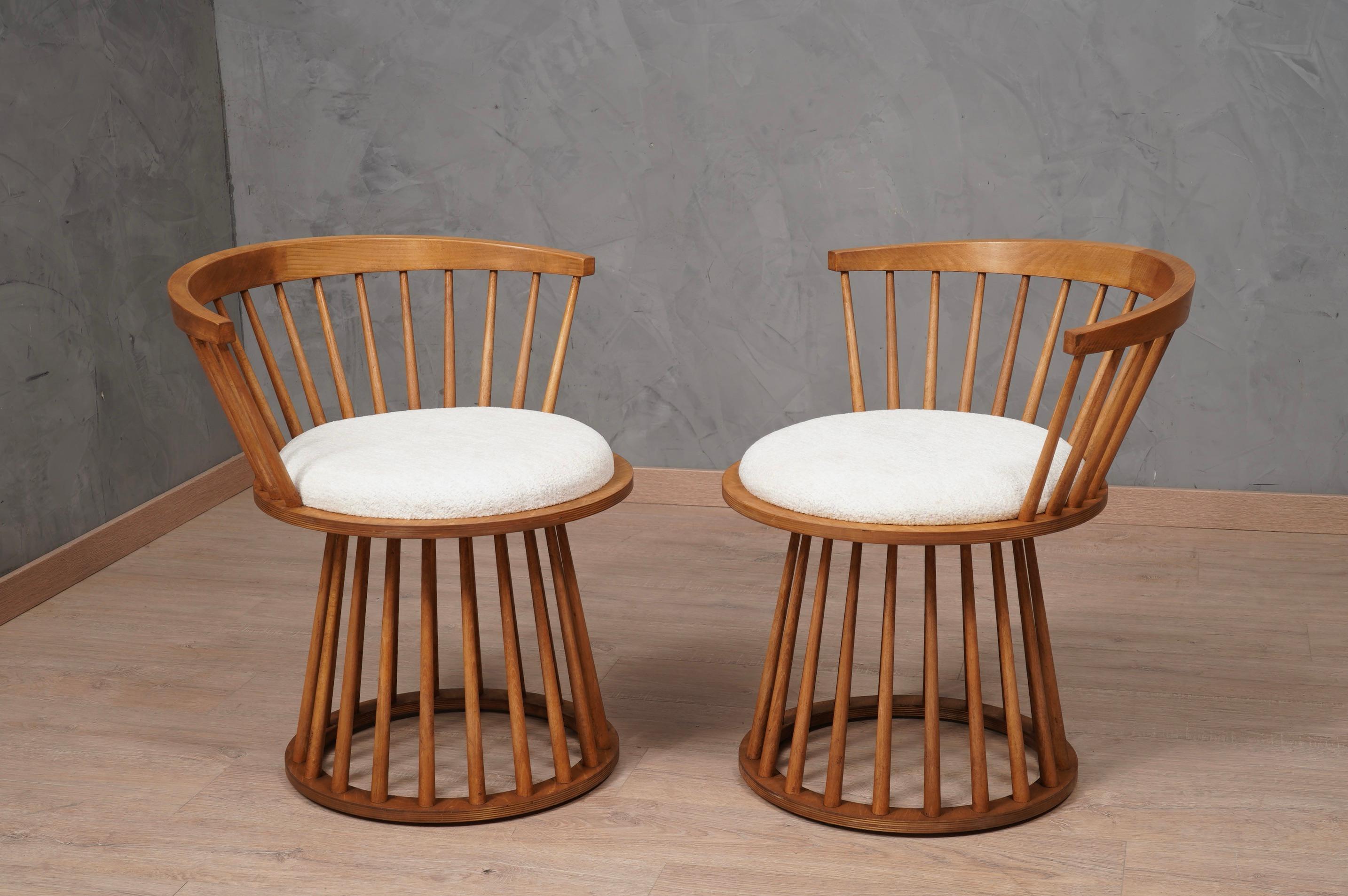 Late 20th Century MidCentury Round Beech Wood and White Fabric Chairs, 1990 For Sale