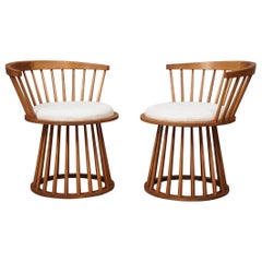 MidCentury Round Beech Wood and White Fabric Sofa Side Chairs, 1990