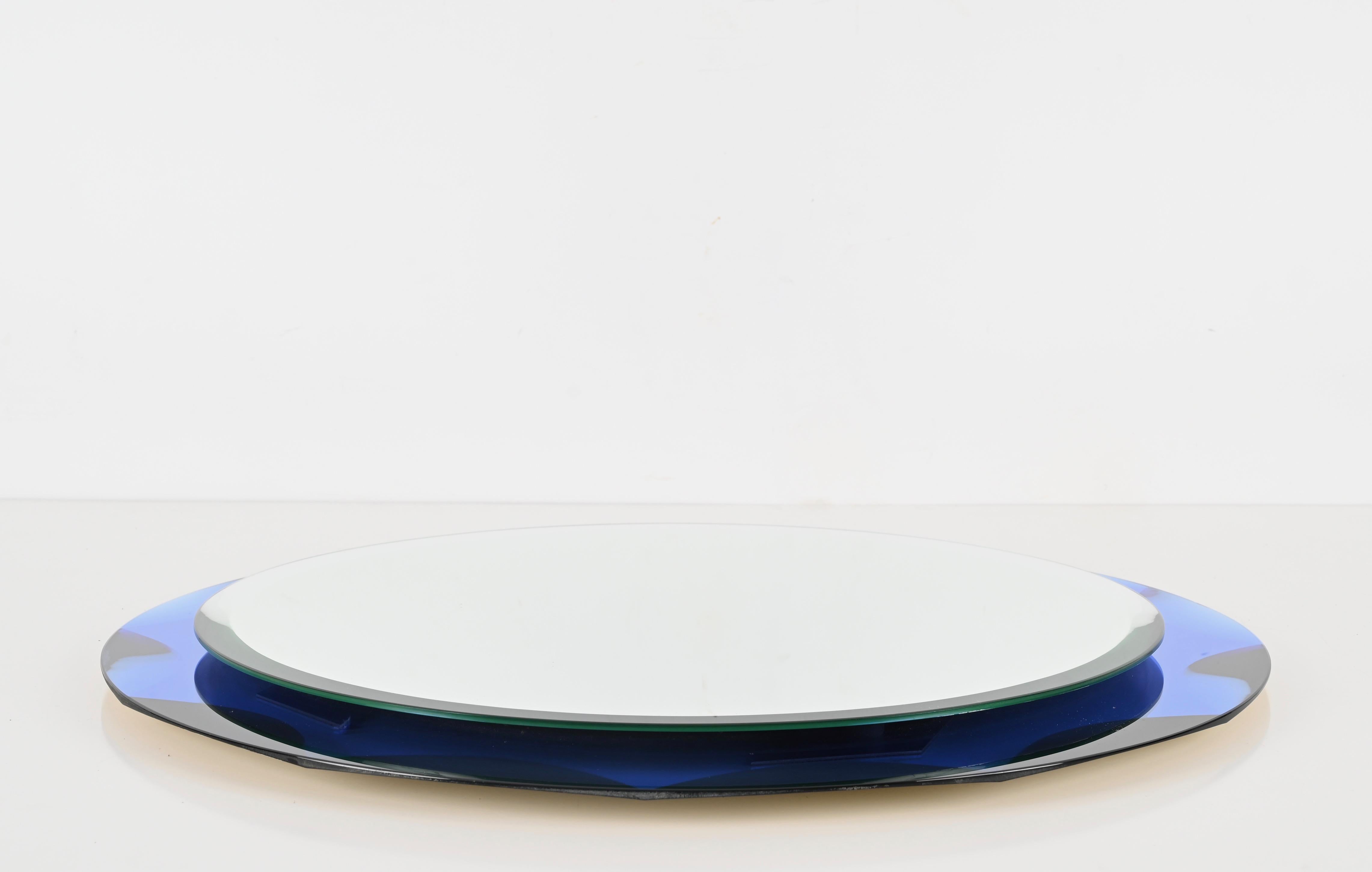 Mid-Century Modern Midcentury Round Blue Diamond Double Beveled Mirror by Galvorame, Italy 1970s For Sale