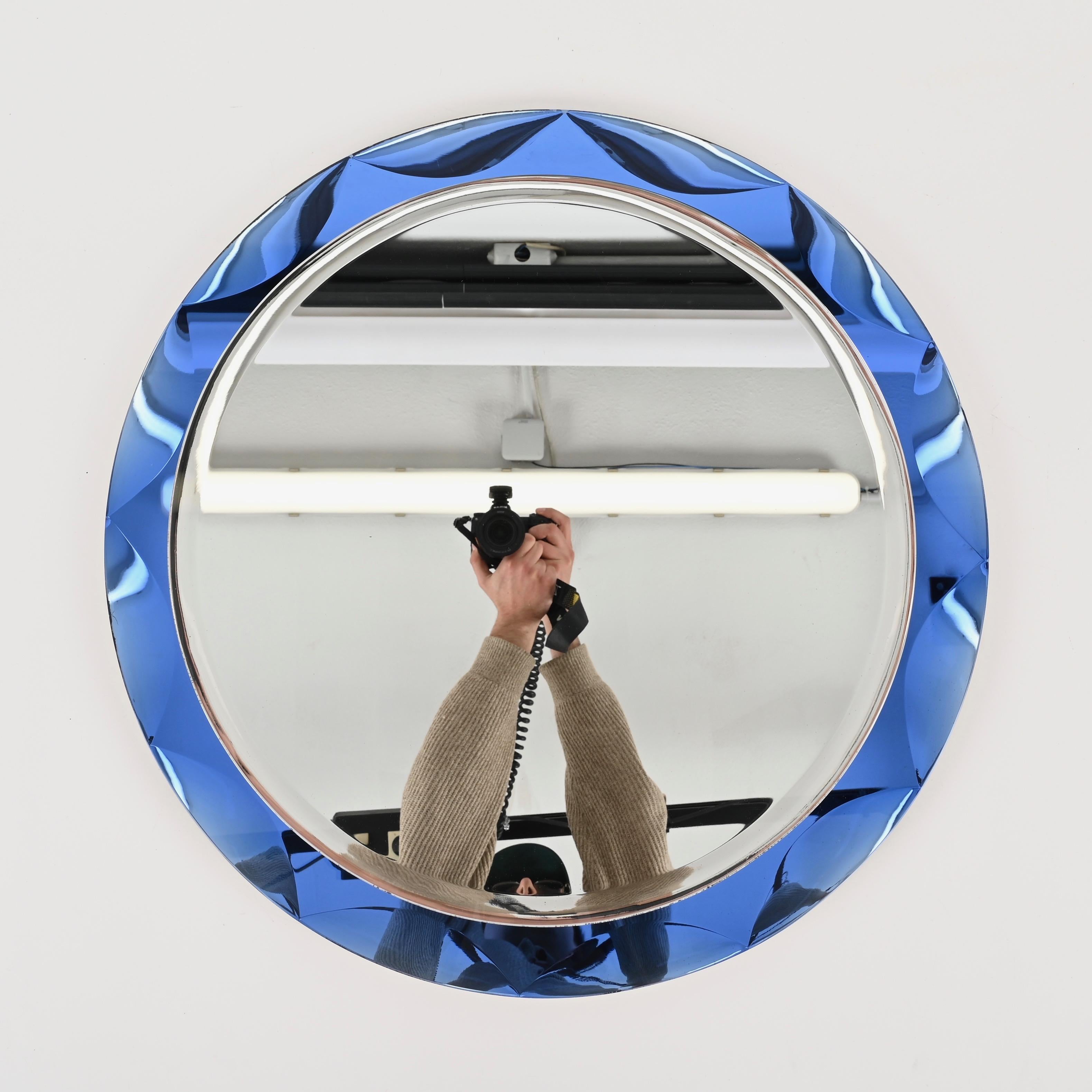 Italian Midcentury Round Blue Diamond Double Beveled Mirror by Galvorame, Italy 1970s For Sale