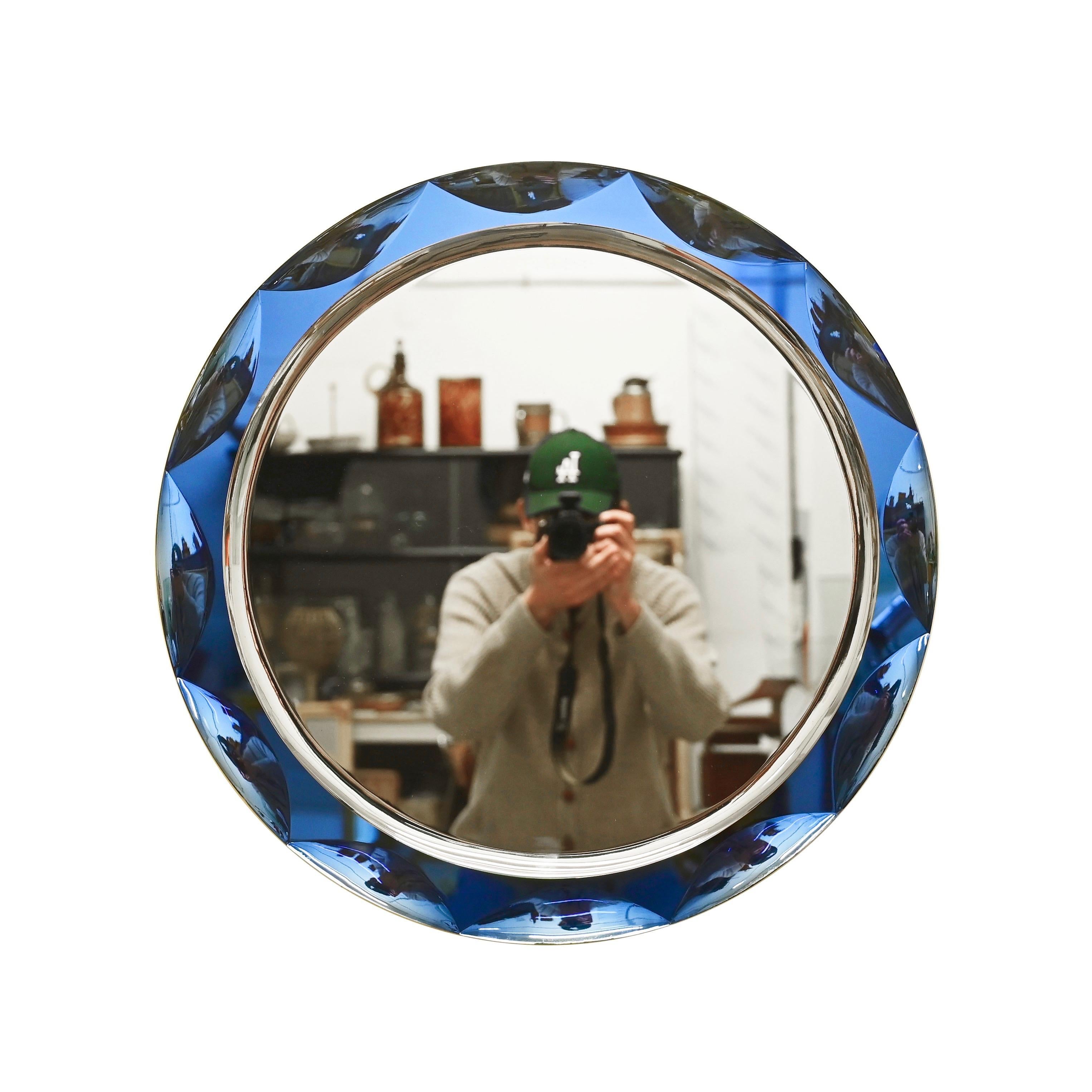 Hand-Crafted Midcentury Round Blue Diamond Double Beveled Mirror by Galvorame, Italy 1970s For Sale
