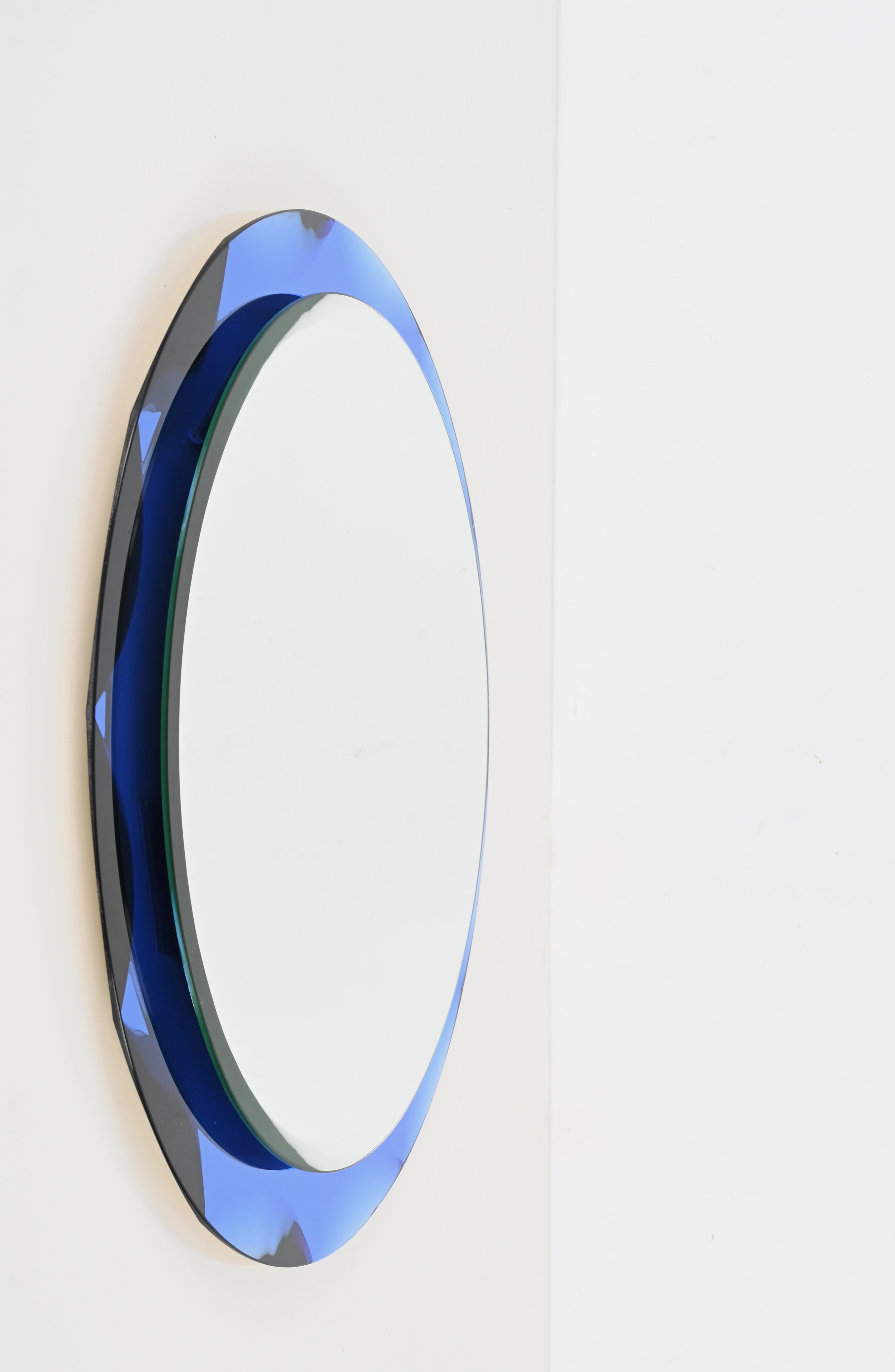 Midcentury Round Blue Diamond Double Beveled Mirror by Galvorame, Italy 1970s In Good Condition For Sale In Roma, IT
