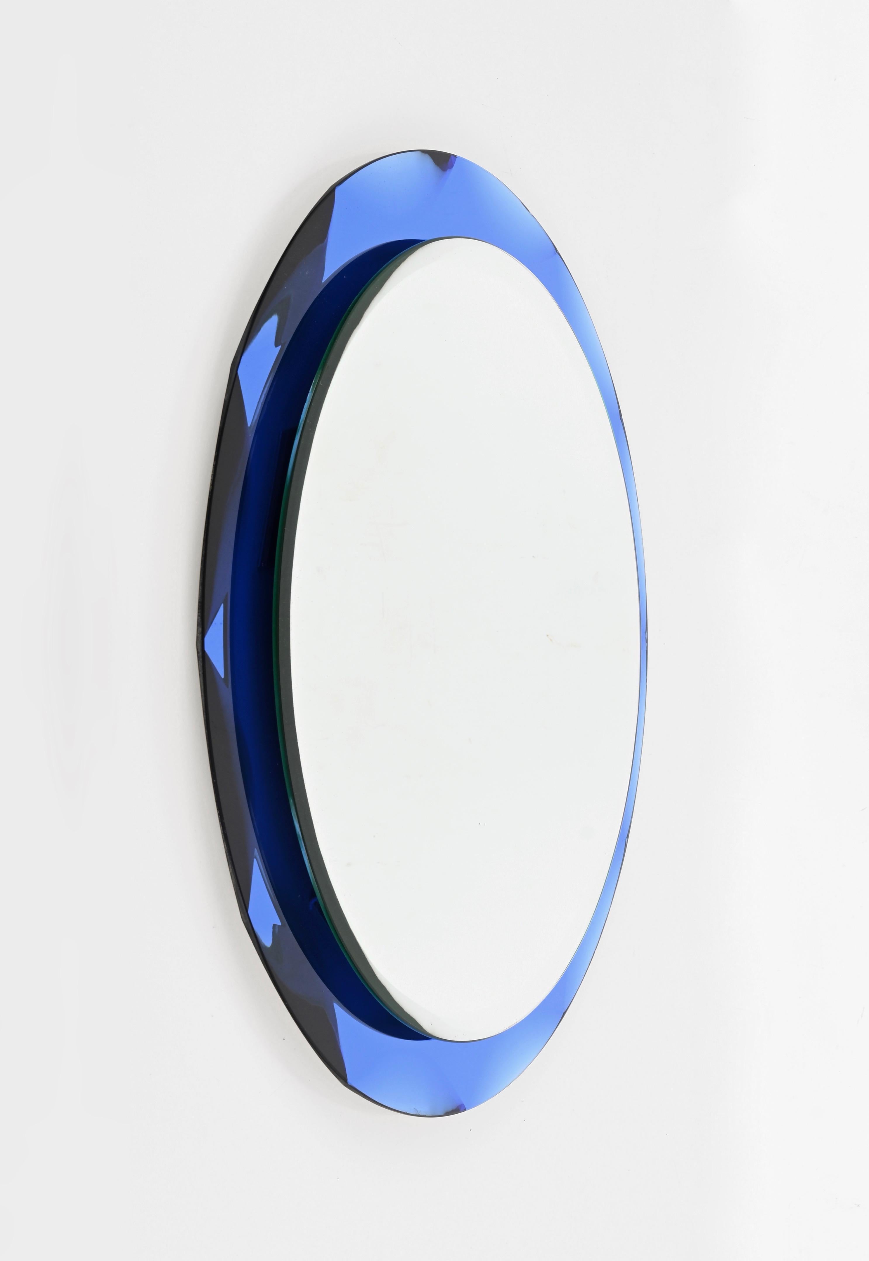 Mid-20th Century Midcentury Round Blue Diamond Double Beveled Mirror by Galvorame, Italy 1970s For Sale