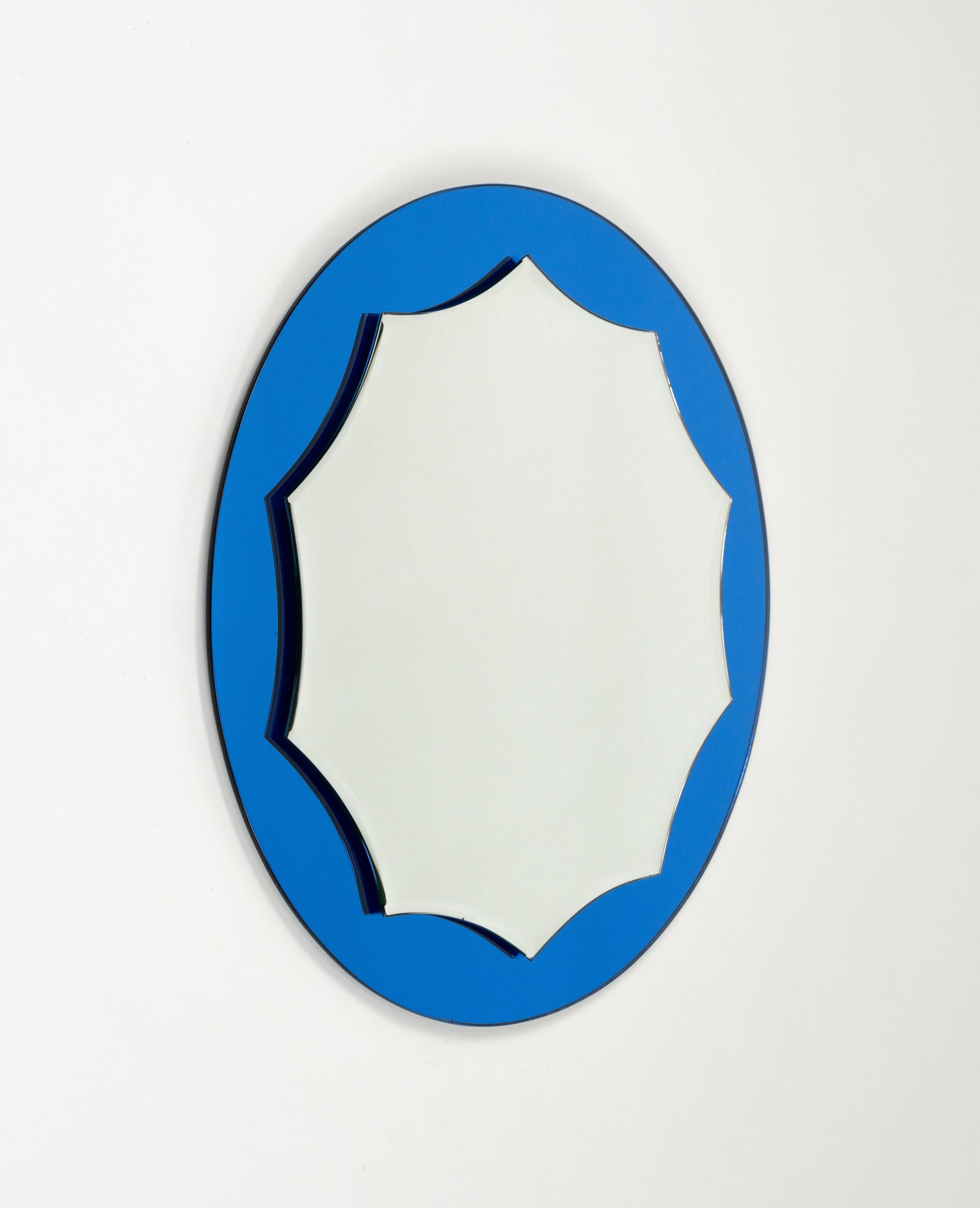 Mid-Century Modern Midcentury Round Blue Wall Mirror Cristal Arte Style, Italy 1960s For Sale