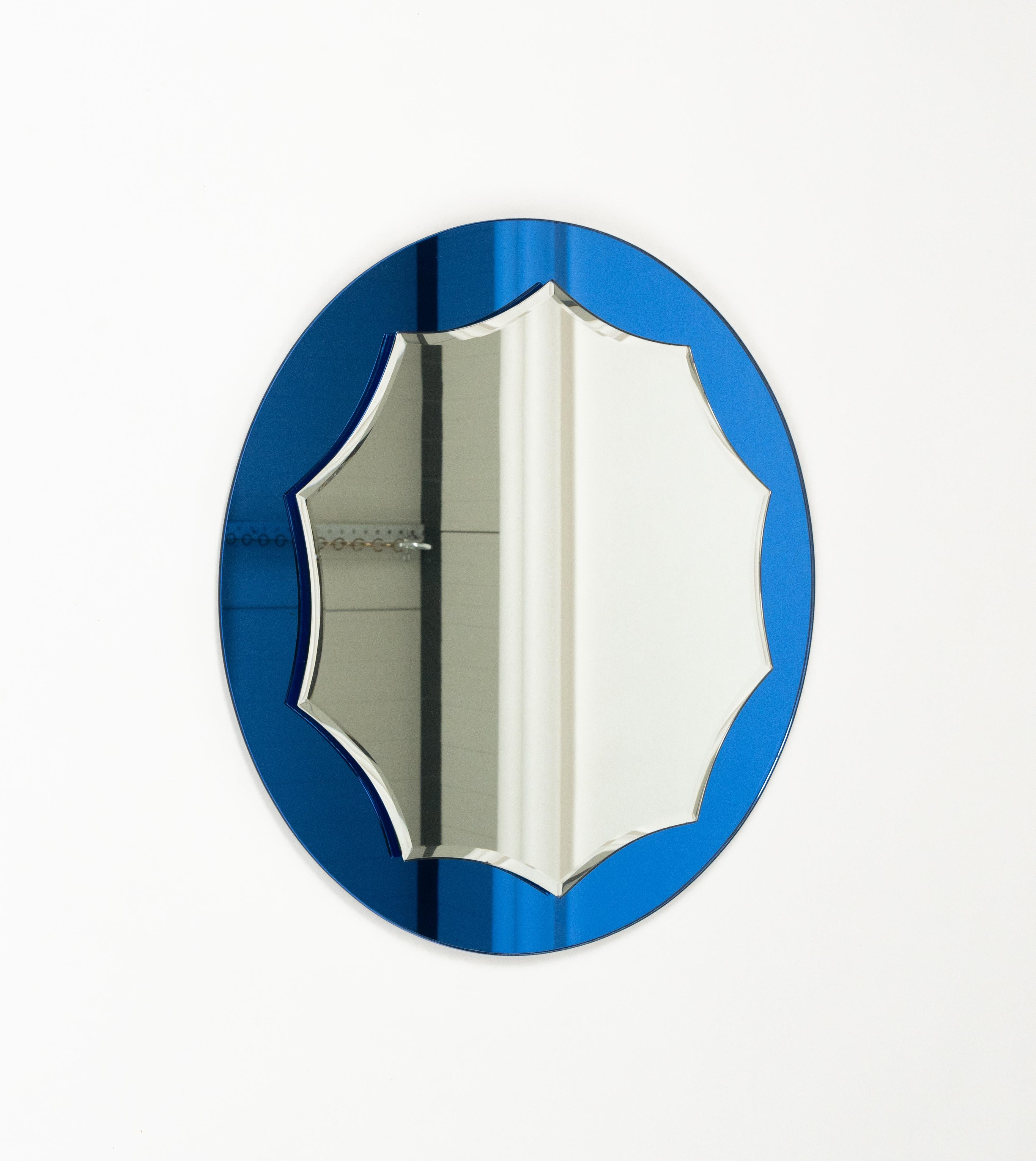 Mid-20th Century Midcentury Round Blue Wall Mirror Cristal Arte Style, Italy 1960s For Sale