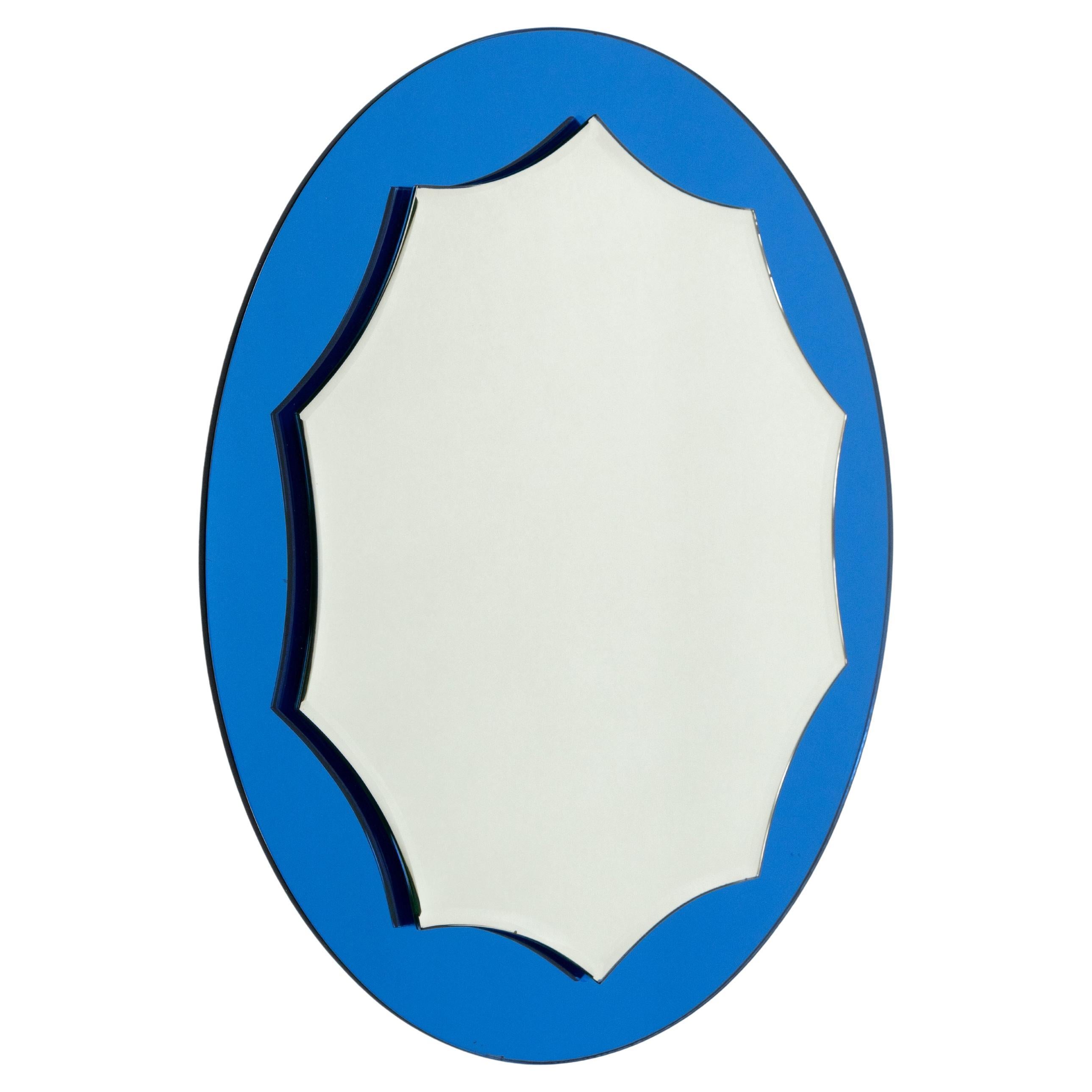 Specchio da parete rotondo blu del Medioevo in stile Cristal Arte, Italia 1960