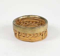 Midcentury Round Bowl or Centerpiece in Bamboo, Rattan and Brass, Italy 1970s