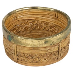 Midcentury Round Bowl or Centerpiece in Bamboo, Rattan and Brass, Italy 1970s
