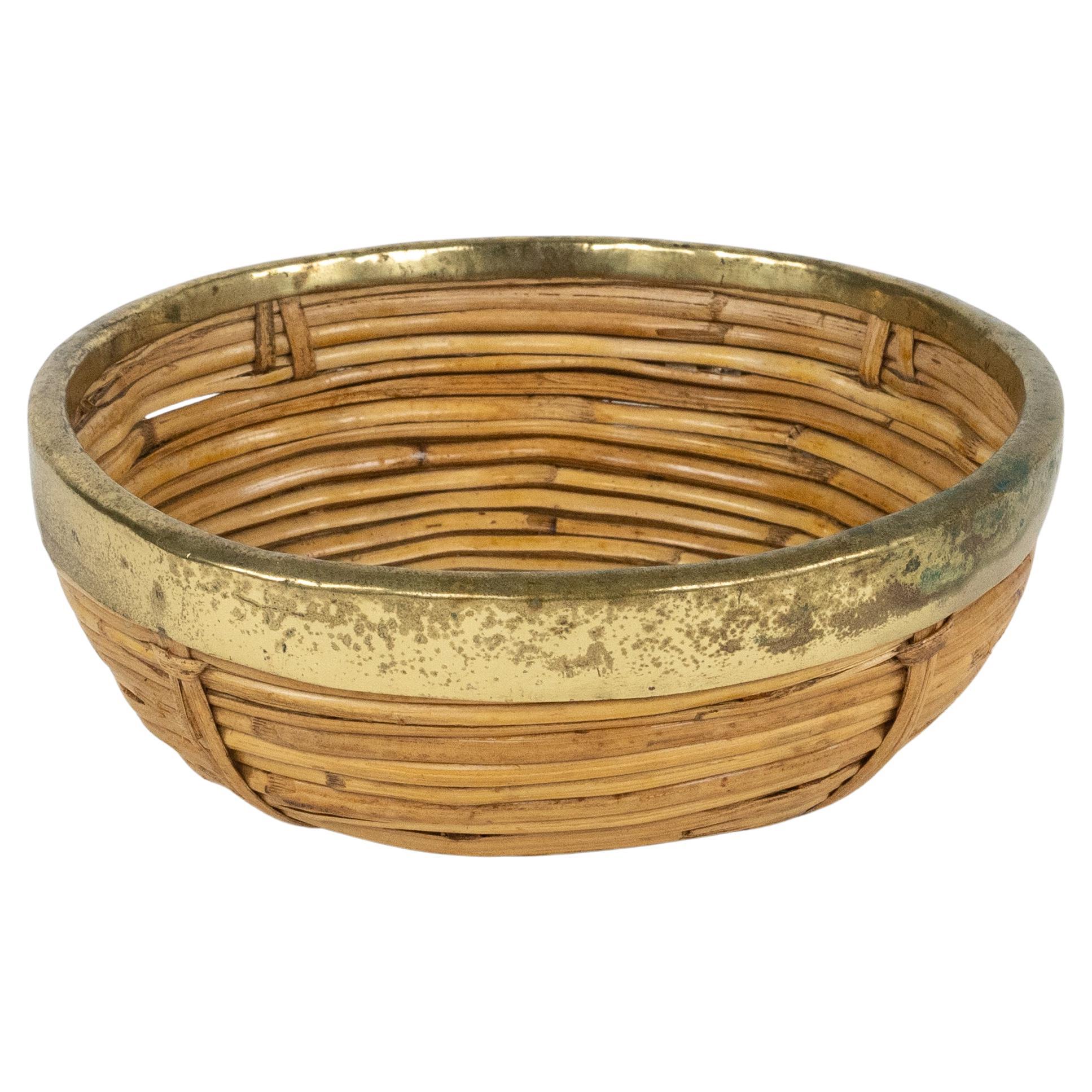 Midcentury Round Bowl or Centerpiece in Bamboo, Rattan and Brass, Italy 1970s