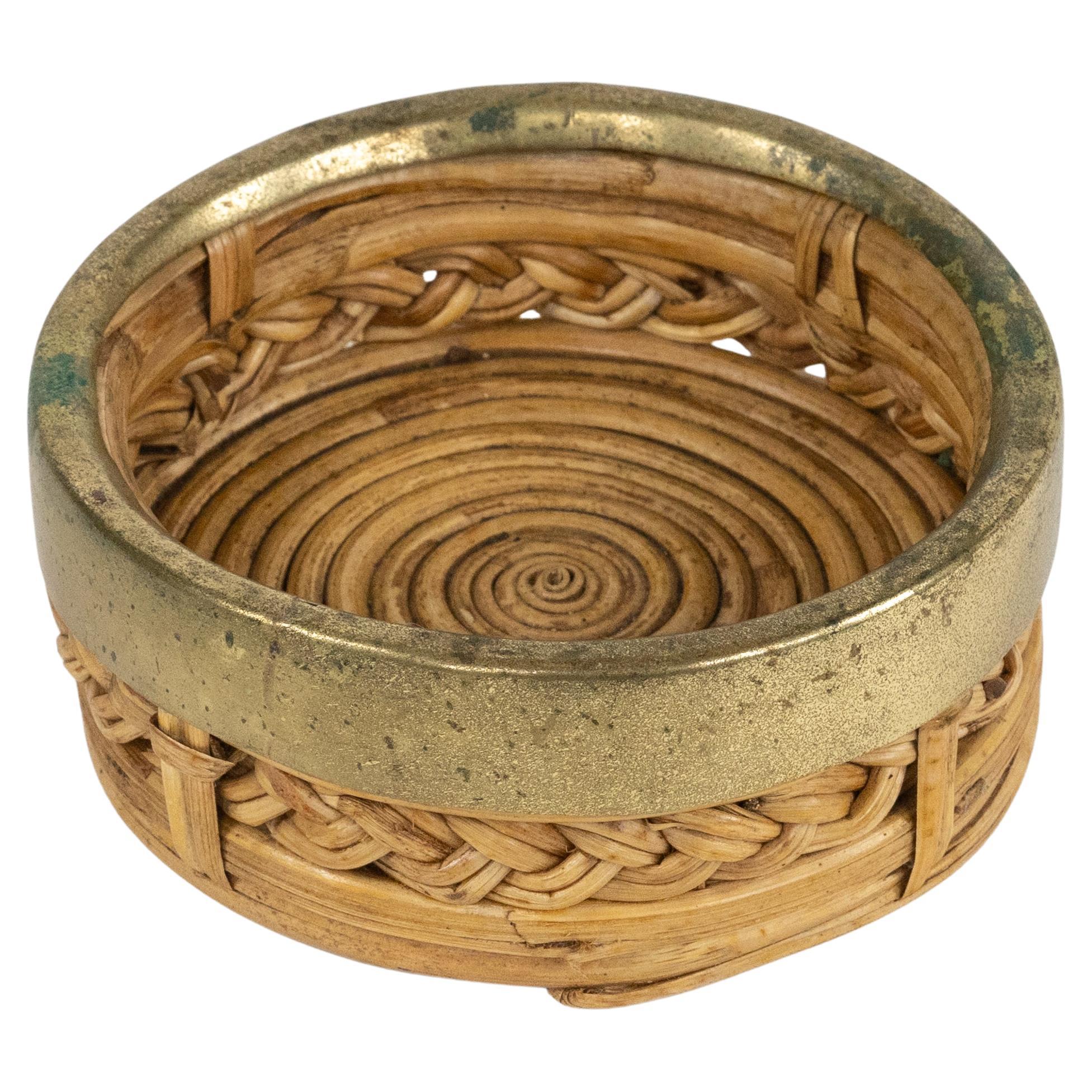 Midcentury Round Bowl or Centerpiece in Bamboo, Rattan and Brass, Italy 1970s