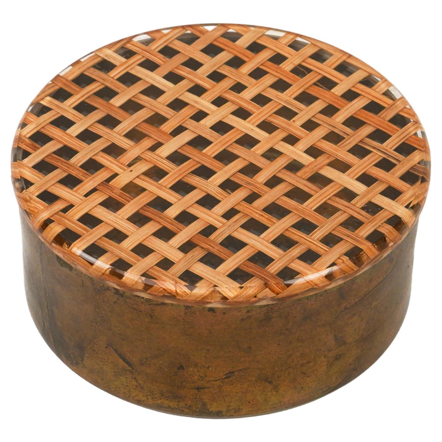 Midcentury Round Box in Brass, Lucite & Rattan Christian Dior Style, Italy 1970s