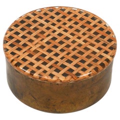 Midcentury Round Box in Brass, Lucite & Rattan Christian Dior Style, Italy 1970s