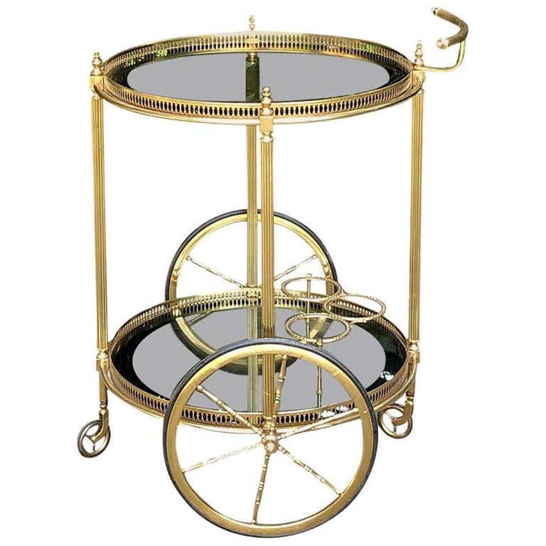 Midcentury Round Brass and Glass Liquor Cart at 1stDibs