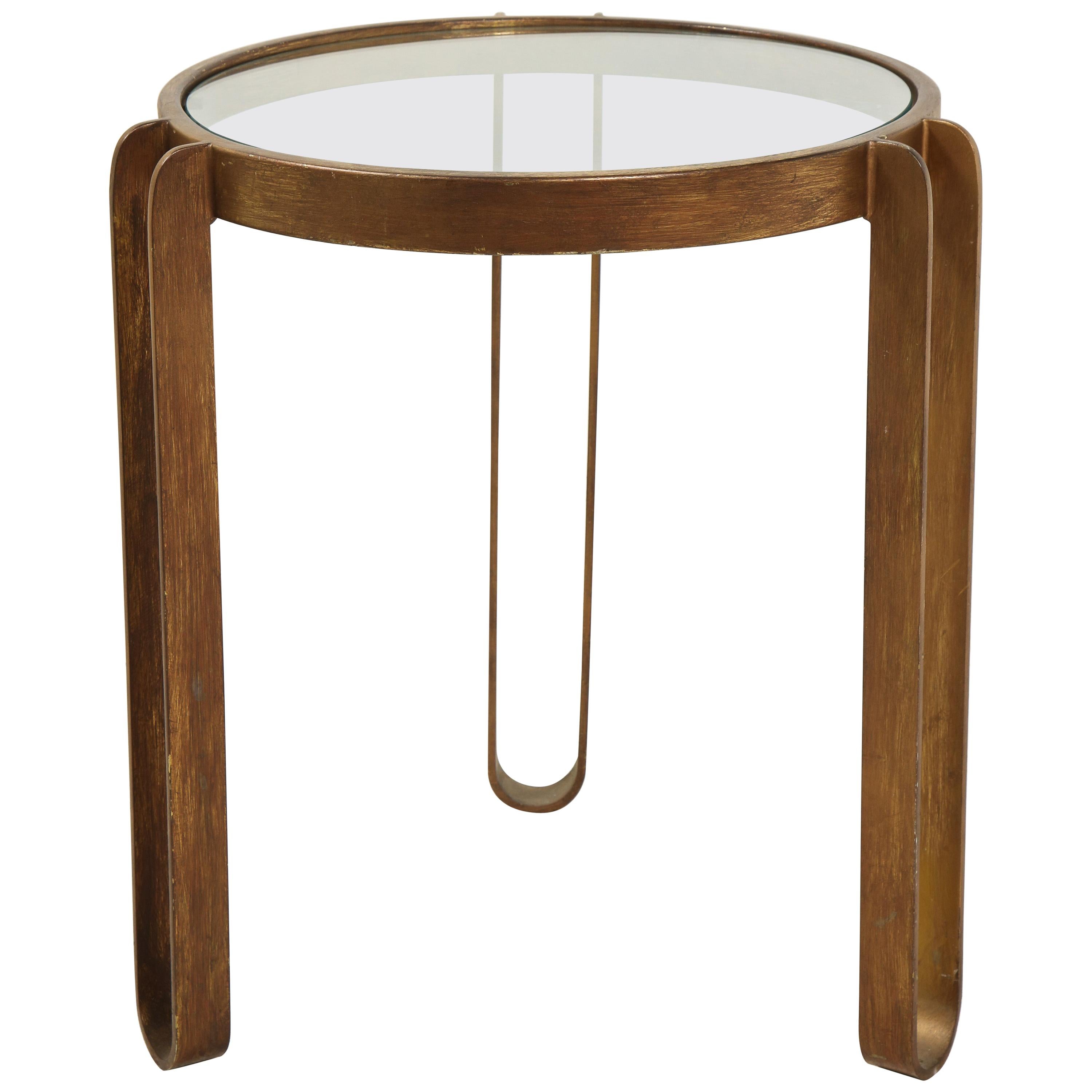 Midcentury Round Brass and Glass Side Table with Hairpin Legs