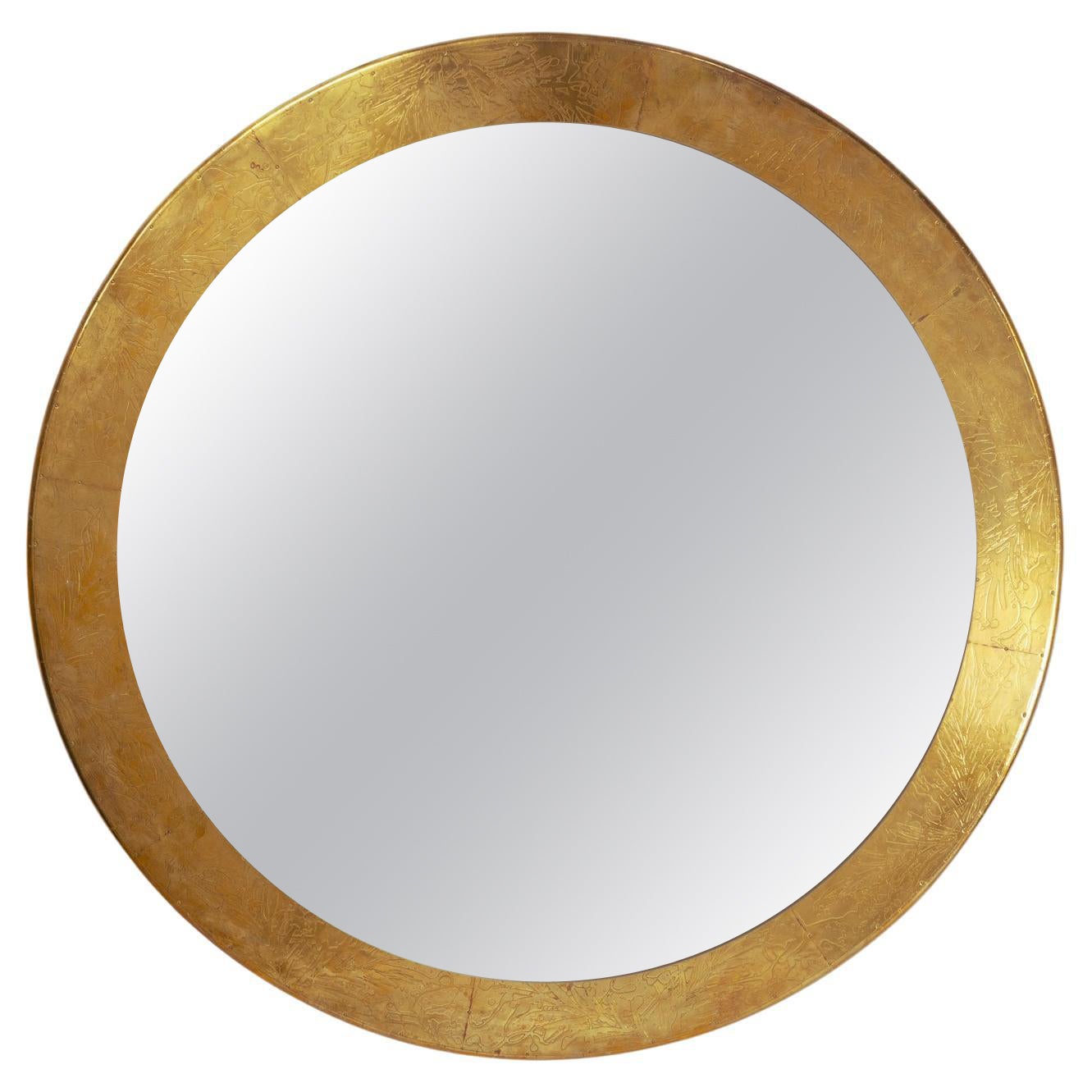 Midcentury round brass wall mirror by Gony Nava, style of Rodolfo Dubarry, 130cm For Sale
